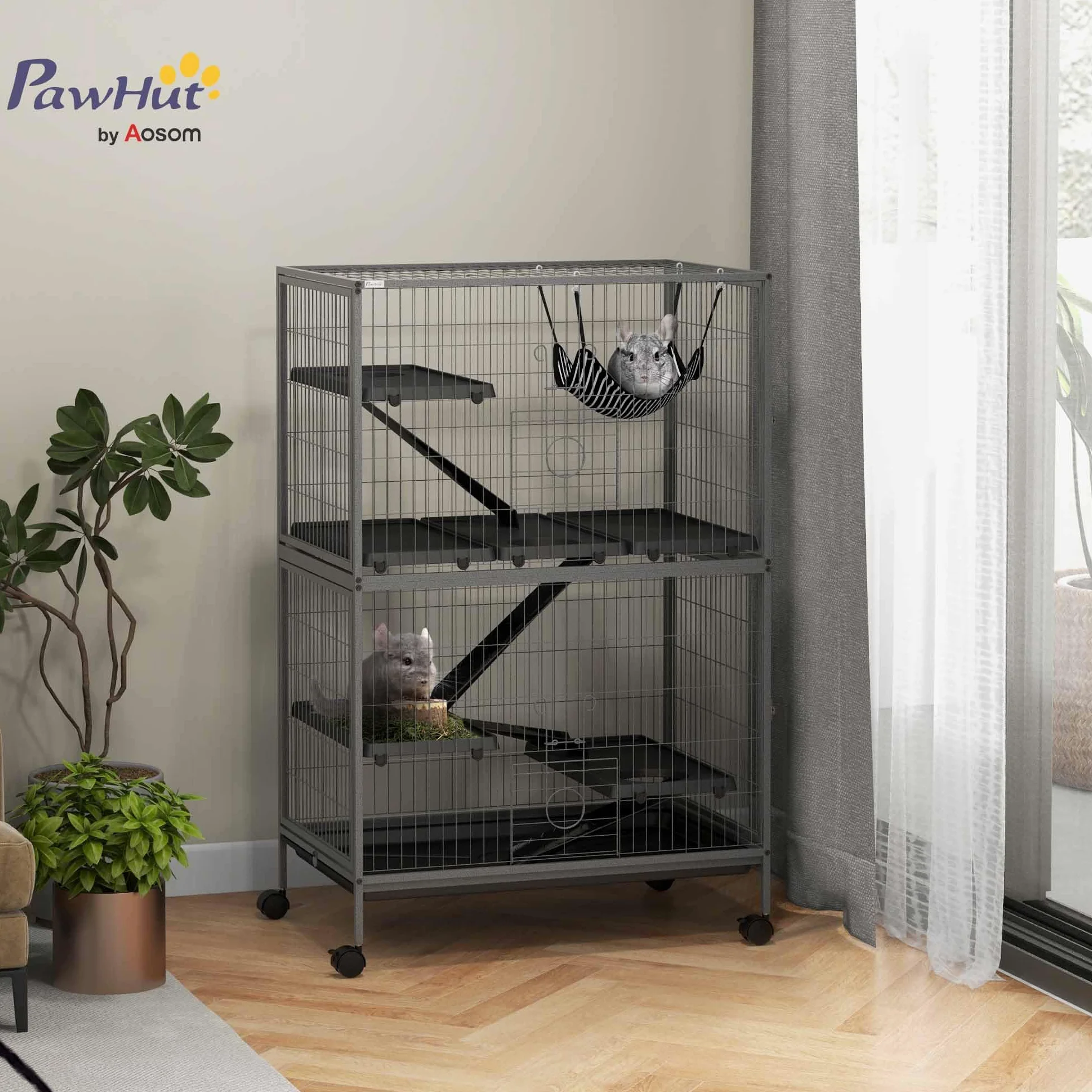 PawHut Gabbia per Animali Piccoli con 4 Ingressi a Livelli Multipli con Amaca, Gabbietta per Roditori, Furetti, Cincillà in Metallo e PP, 80x52x128 cm, Argento e Grigio