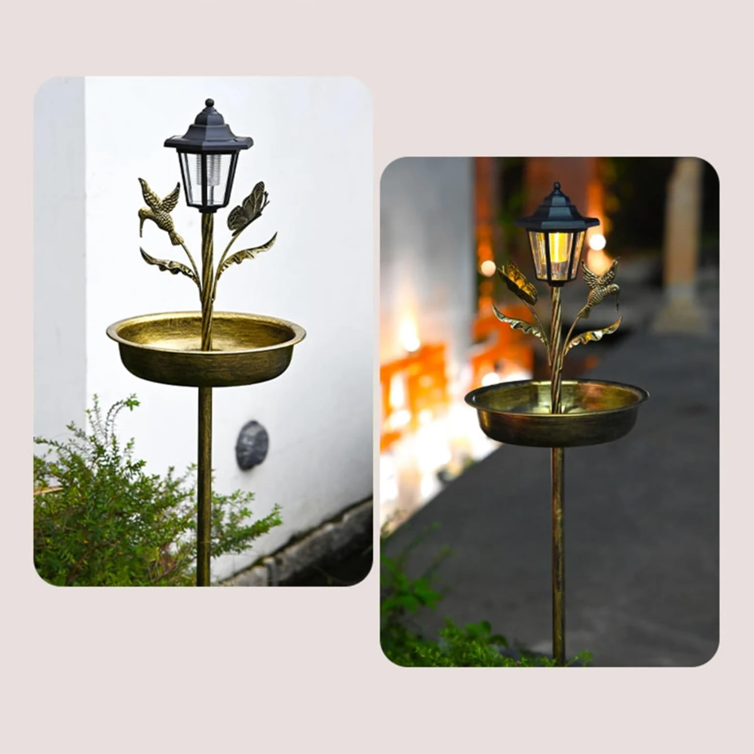 Mangiatoia solare in metallo per uccelli con luce integrata e vasca, resistente alle intemperie, decorazione da giardino per esterni, marrone, 105 cm (antico)