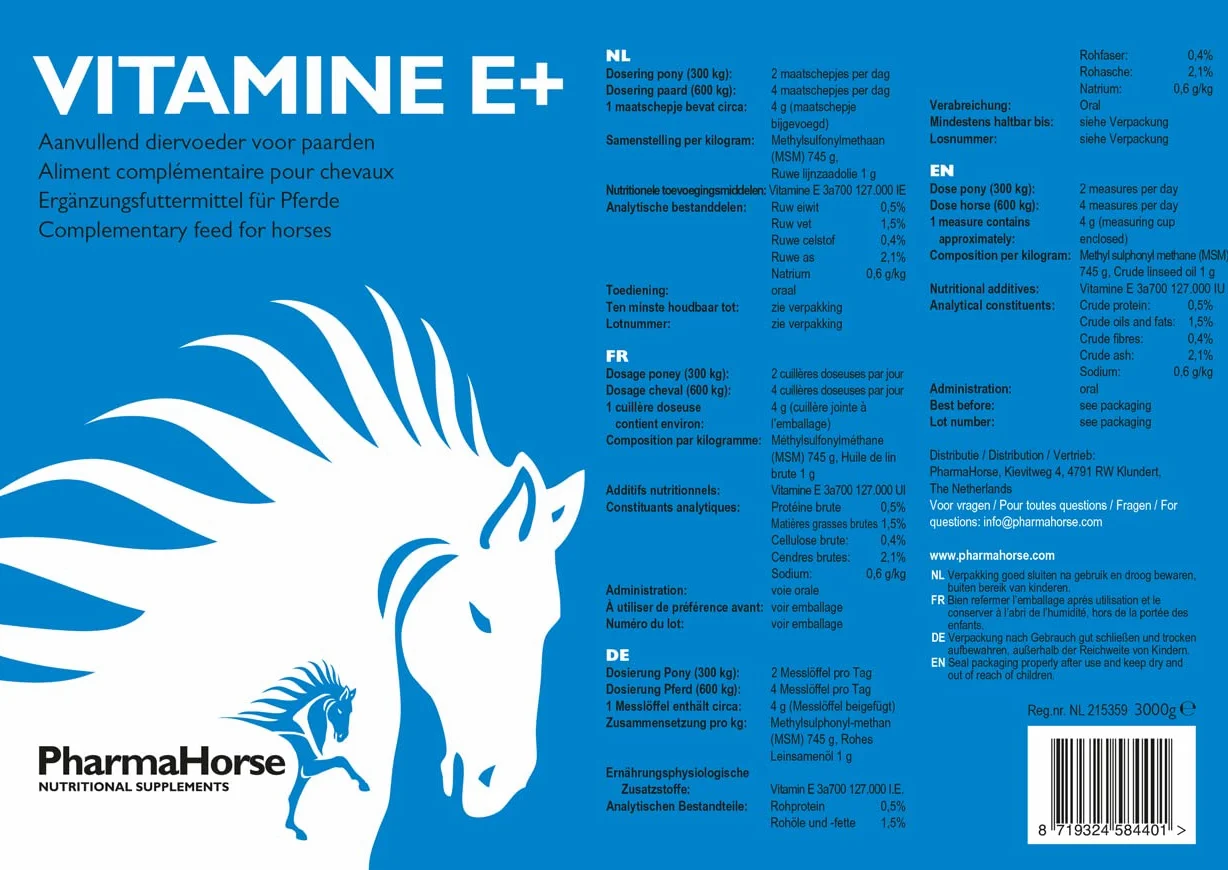 PharmaHorse Vitamina E+ | Sistema immunitario Naturale | 100% Senza doping | Alto dosaggio | 3000 Grammi