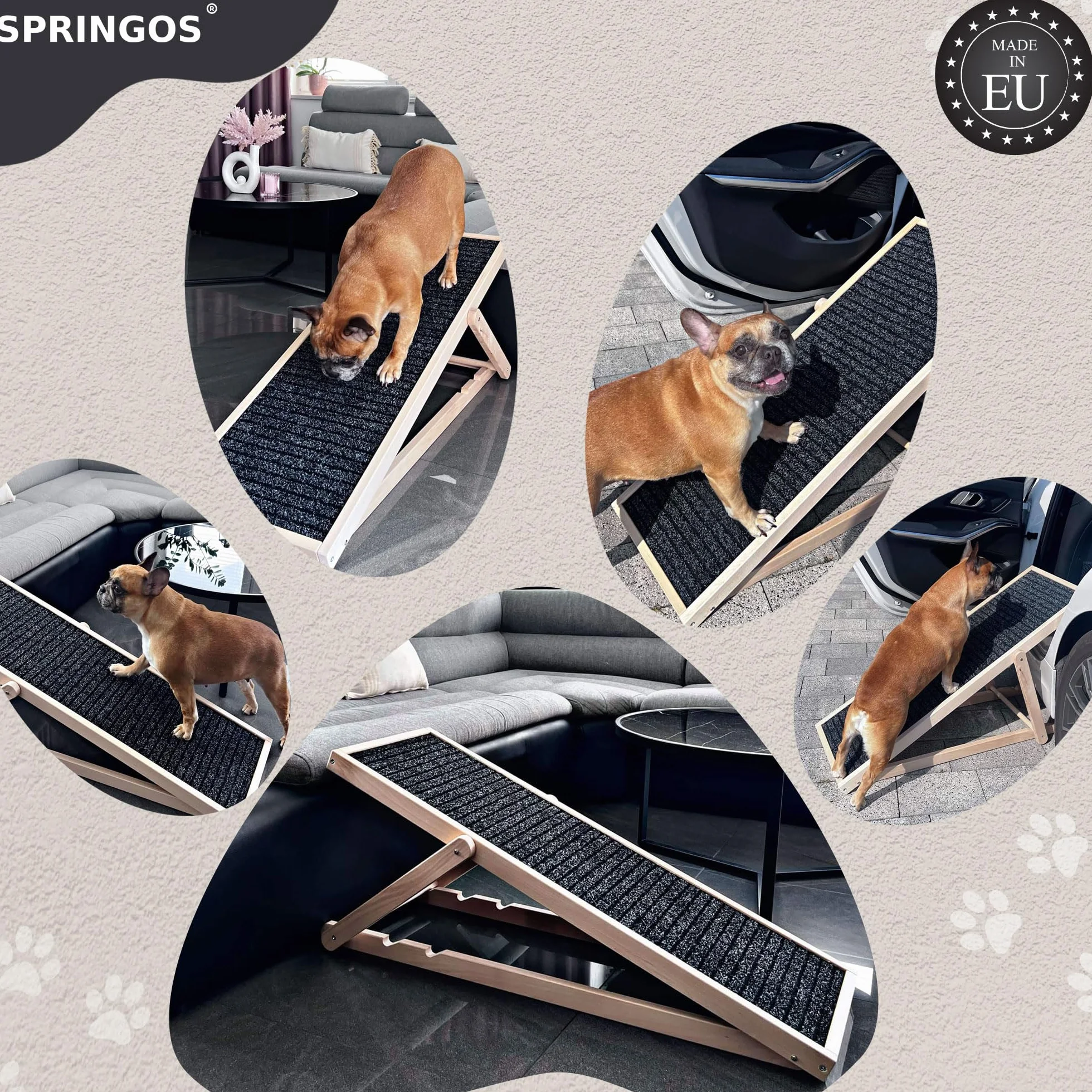 SPRINGOS Rampa per cani Gradini per cani regolabili da 42,5-59 cm per letto o divano Scala per cani pieghevole in legno Rampa di accesso per animali domestici con inserto antiscivolo