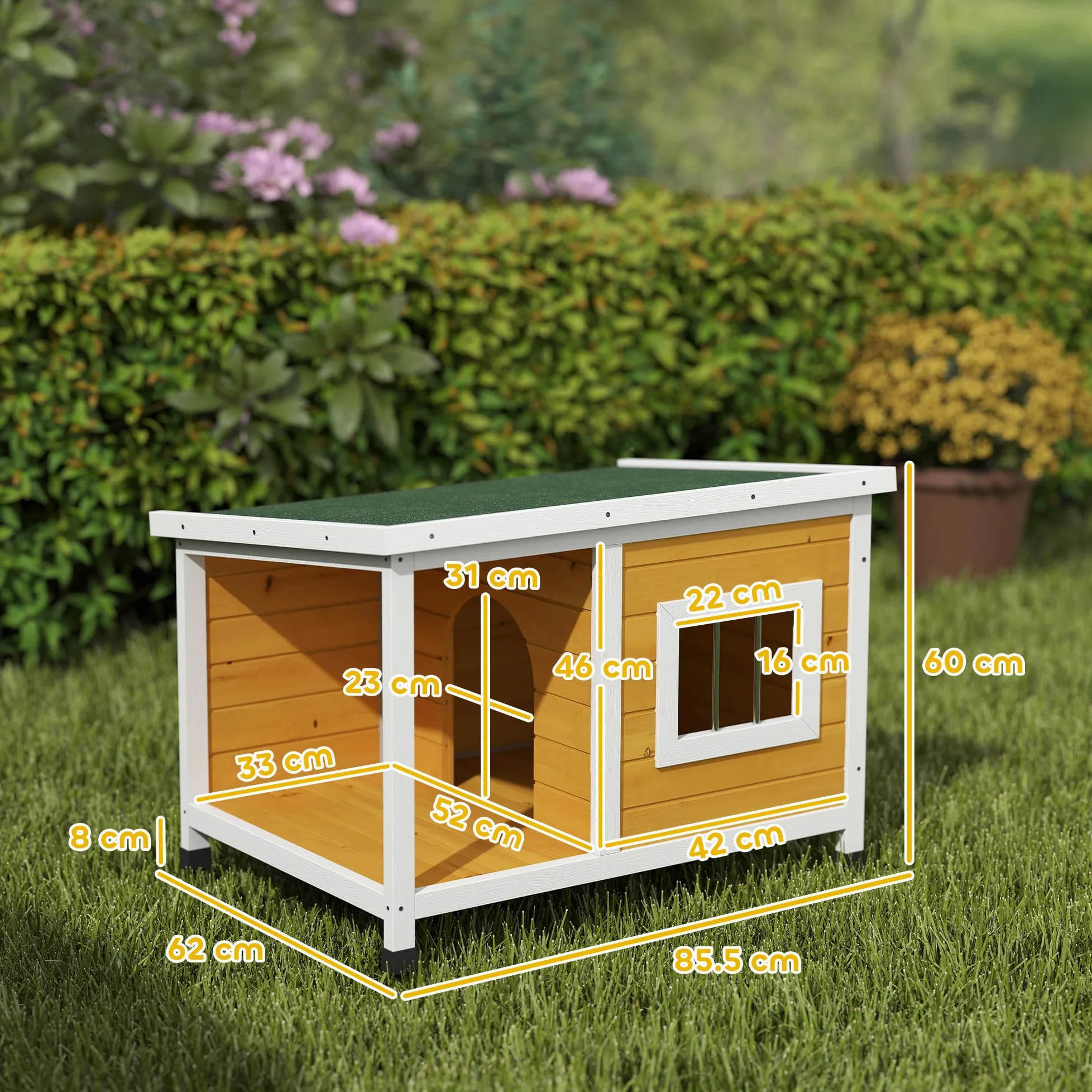 PawHut Cuccia per Cani da Esterno Rialzata con Veranda Coperta e Tetto Inclinabile, Cuccia da Esterno per Cane in Legno di Abete, 85.5x62x60 cm, Multicolore