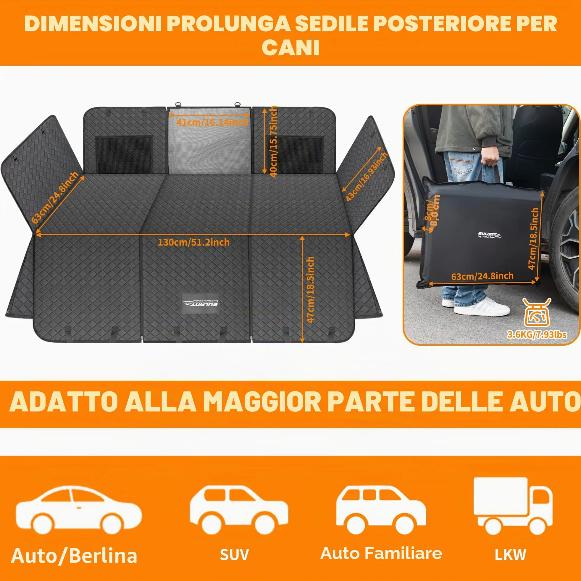 EULANT Coprisedile Auto per Cani con Fondo Rigidi, Robusto Estensore Sedile Posteriore, Divisorio per SUV MPV, Antigraffio e Impermeabile, Carico 200kg