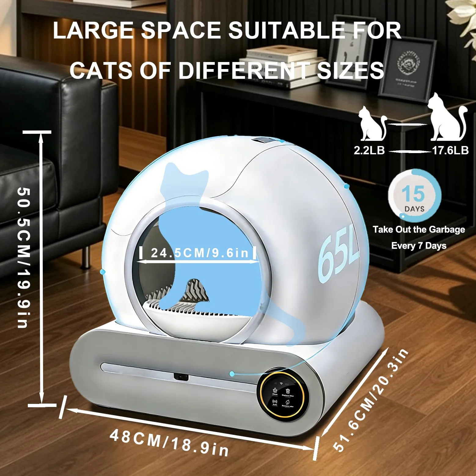 Lettiera Autopulente Per Gatti xxl 74L Lettiera Gatto Autopulente Automatica, Deodorante Ionico, Smart Health Monitor, Comando APP con tappetino e Sacchetti(Bianco A)