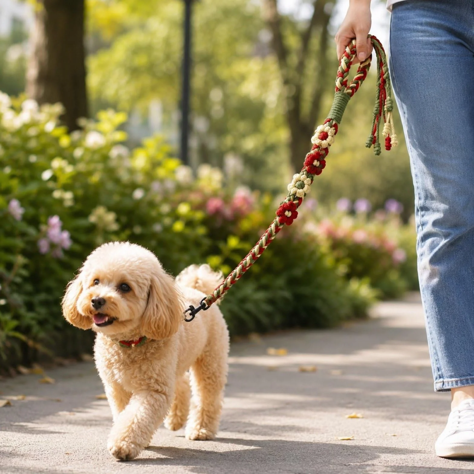 Guinzaglio per Cani Fai-da-Te Floreale Intrecciato, 59 Pollici con Mano a Corda per Passeggiate Quotidiane e Foto,Blu,M