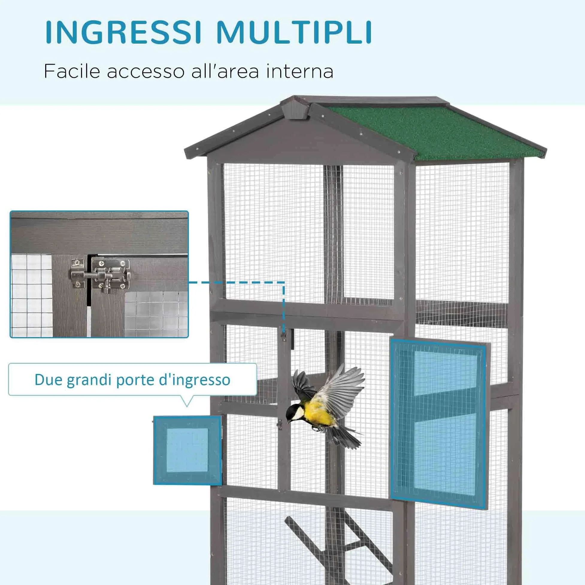 PawHut Gabbia per Uccelli in Legno di Abete e Rete Metallica, Voliera per Uccelli da Esterno con 2 Porte, Tetto in Asfalto e Vassoio Estraibile, 68x63x165 cm, Grigio Chiaro