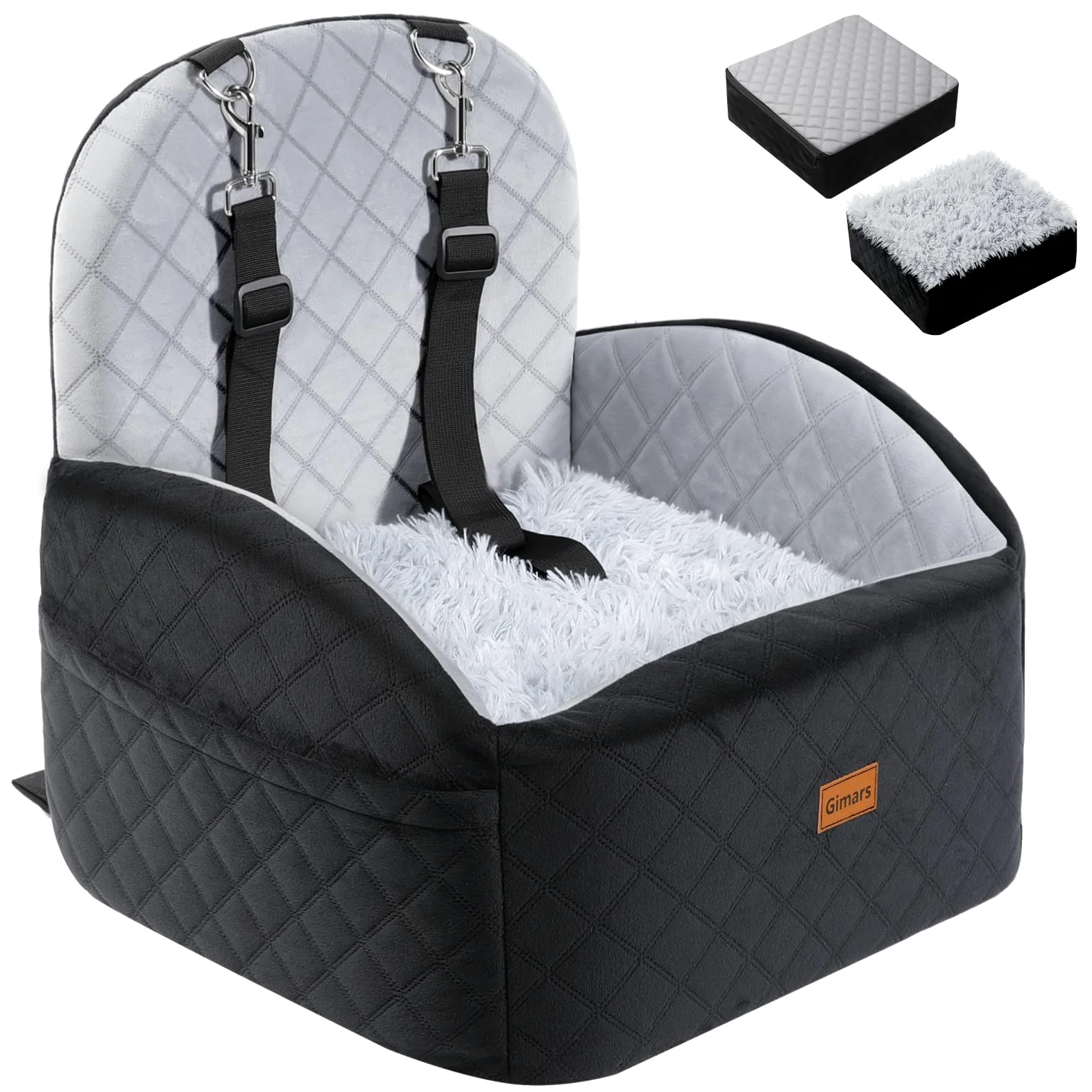 Gimars Reversibile Seggiolino Auto Per Cani conPeluche Lungo/Corto Cuscino sedile Per Cani Piccoli/Medi Fino A 16kg, Sfoderabile Lavabile Trasportino Per Cani Auto Con 15cm 28D Egg-Crate Schiuma, S