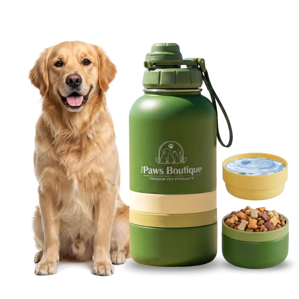 Borraccia per cani 3 in 1: abbeveratoio portatile in acciaio inox 950 ml, scomparto per cibo e ciotola extra rimovibile, a prova di perdite, senza BPA, ideale per viaggi e passeggiate