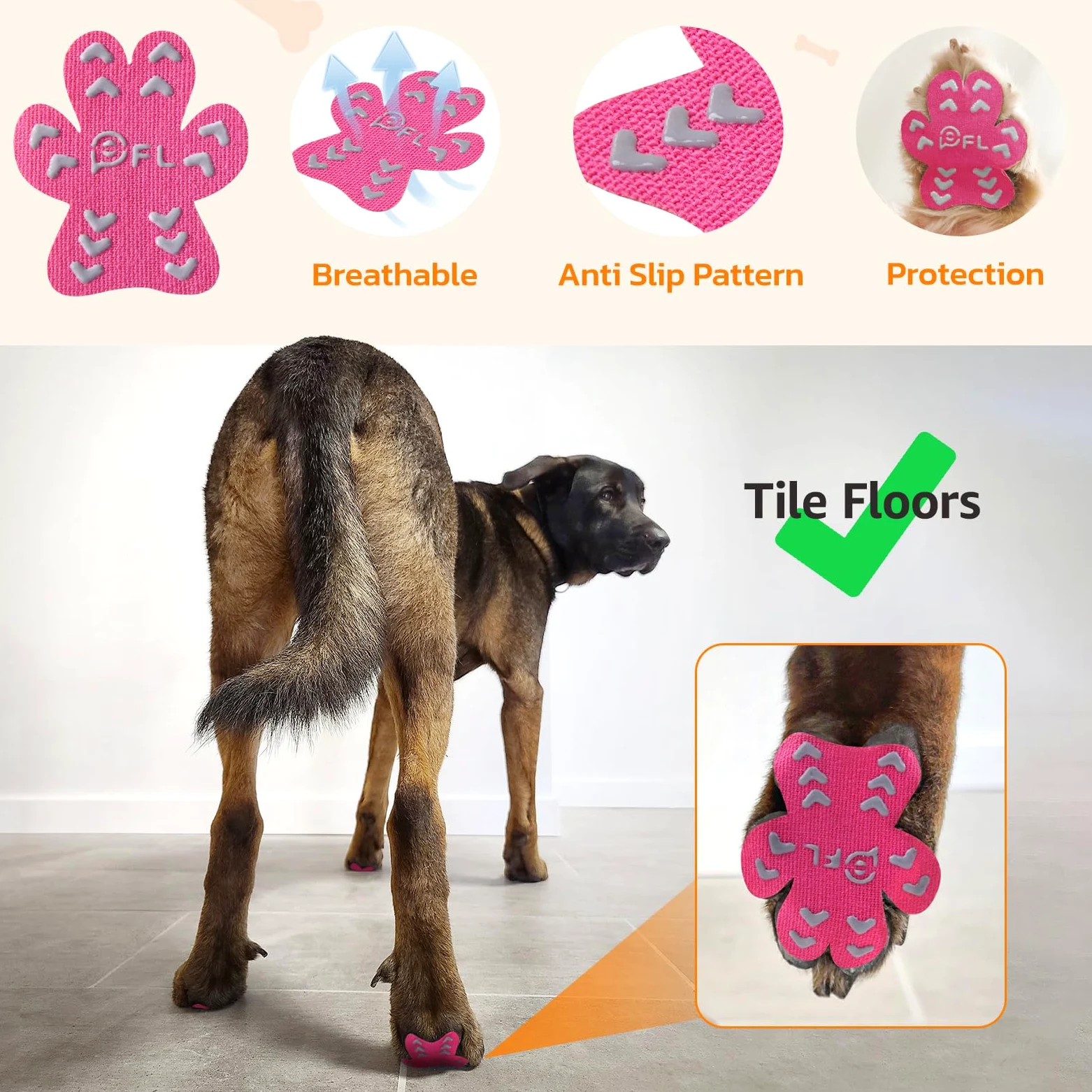 Cuscinetti antiscivolo per zampe di cane anziani, adesivi rosa con forte trazione su pavimenti in legno, Dog Essentials M (5-9 kg)