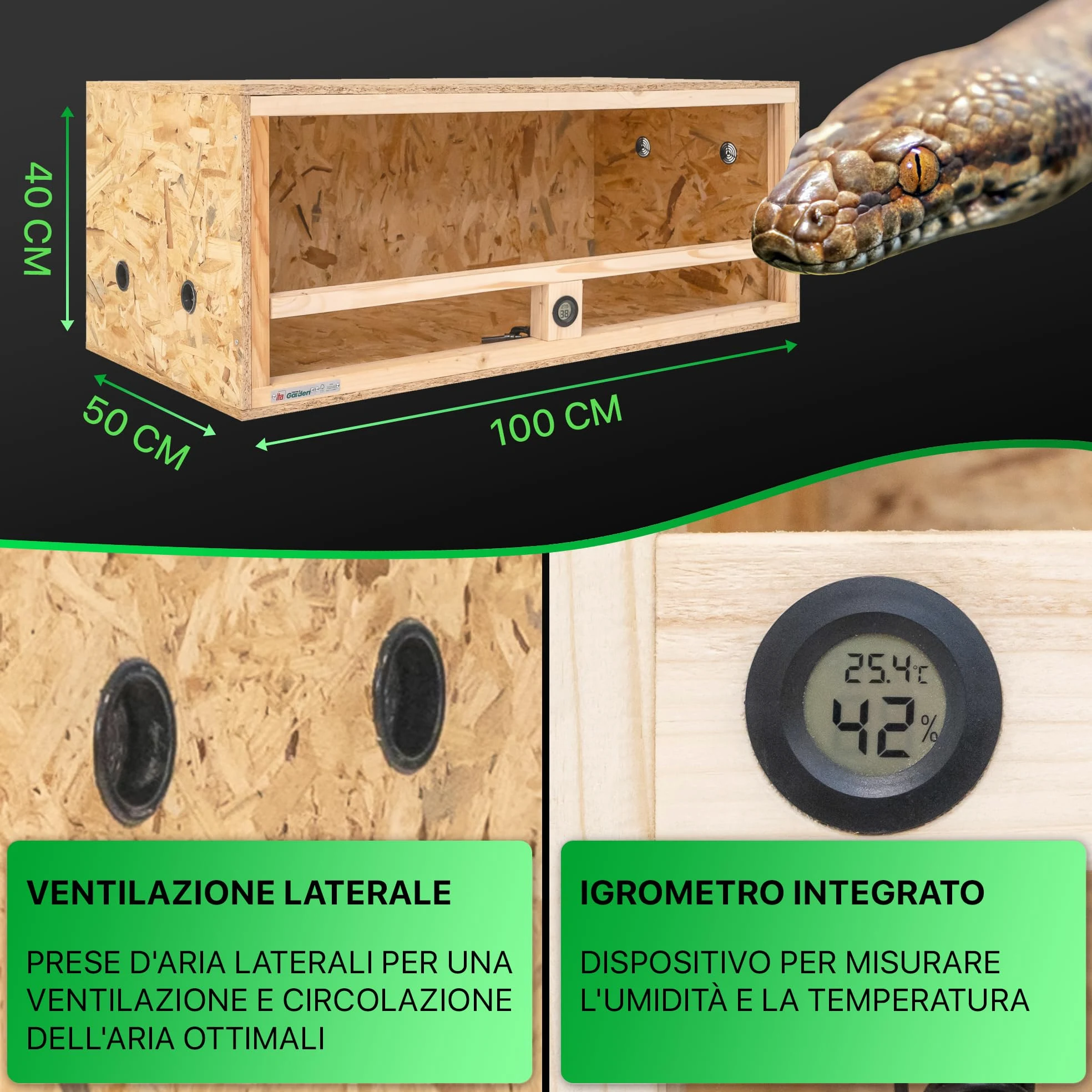 ITA Terrario in legno 100x50x40 cm con ventilazione laterale e igrometro integrato - Terrario in legno OSB-3 - Per rettili, serpenti, anfibi - Prodotto UE, certificato FSC