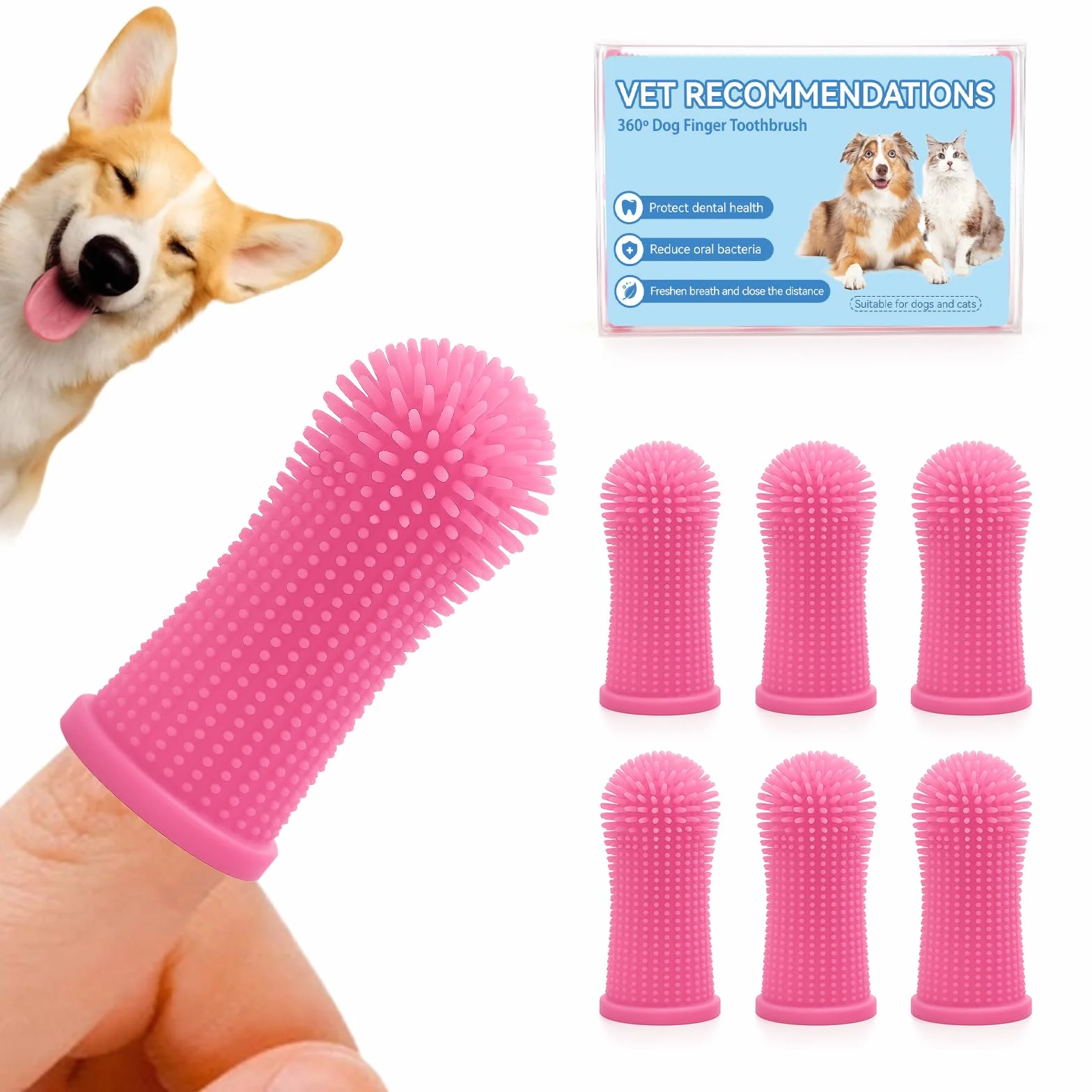 Aujzoo Set di spazzolini da denti per cani (6 confezioni), spazzolino da denti per animali domestici a 360º per la pulizia dei denti di cani e gatti, spazzolino da denti in silicone