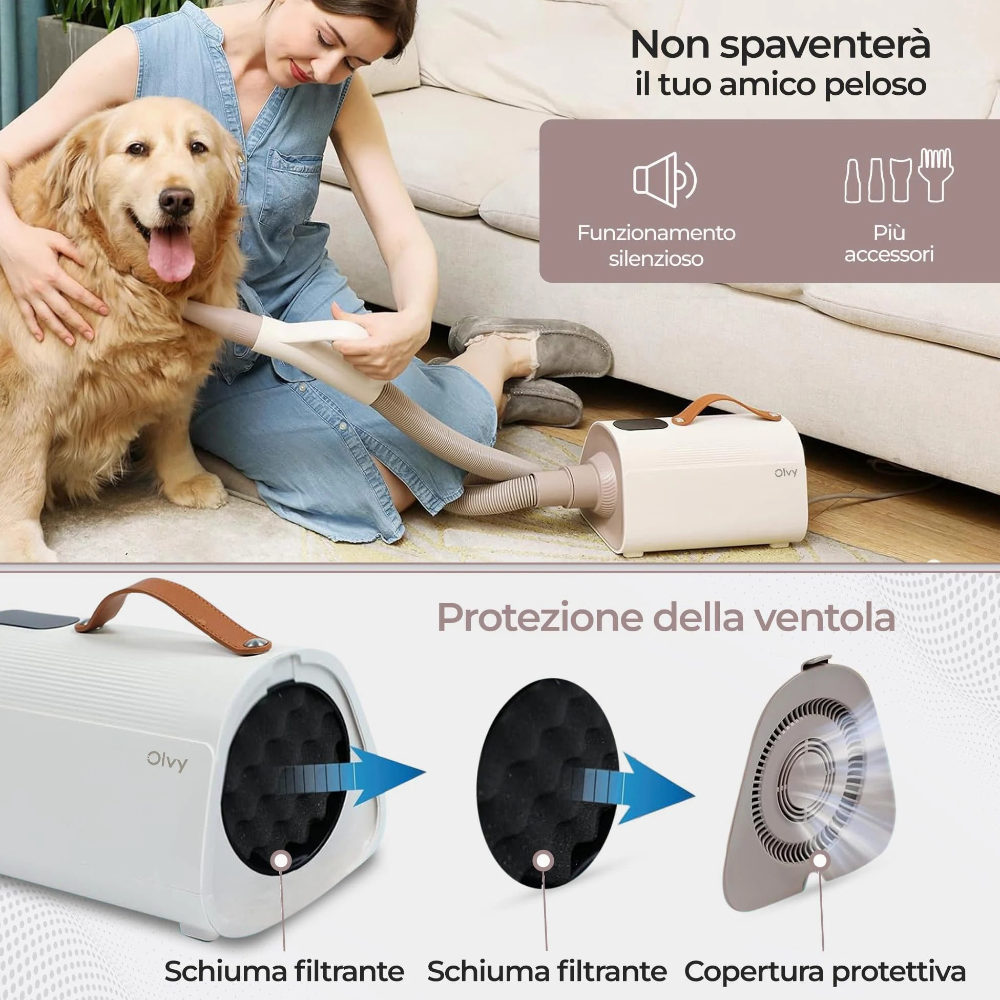 Olvy Asciugacapelli per Cani, Phon per Animali Domestici con Schermo LED Touch, velocità del Vento Regolabile, 4 Ugelli, Soffiatore Professionale per Toelettatura Cani