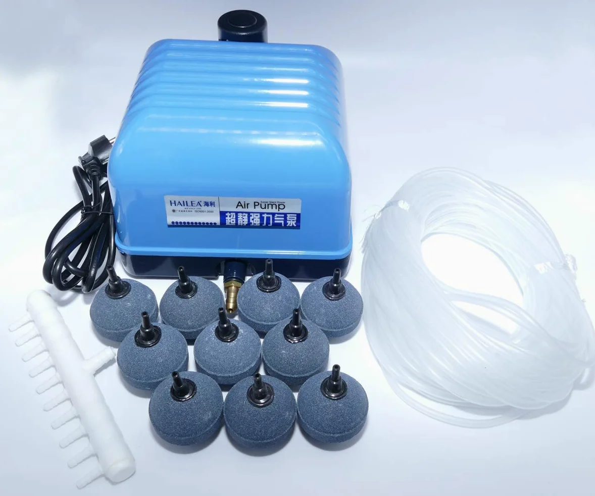 Set pompa aria, ossigenatore acquario laghetto Hailea V60 con tubo silicone 4/6 mm, diramatore a 10 e 10 pietre porose 50 mm