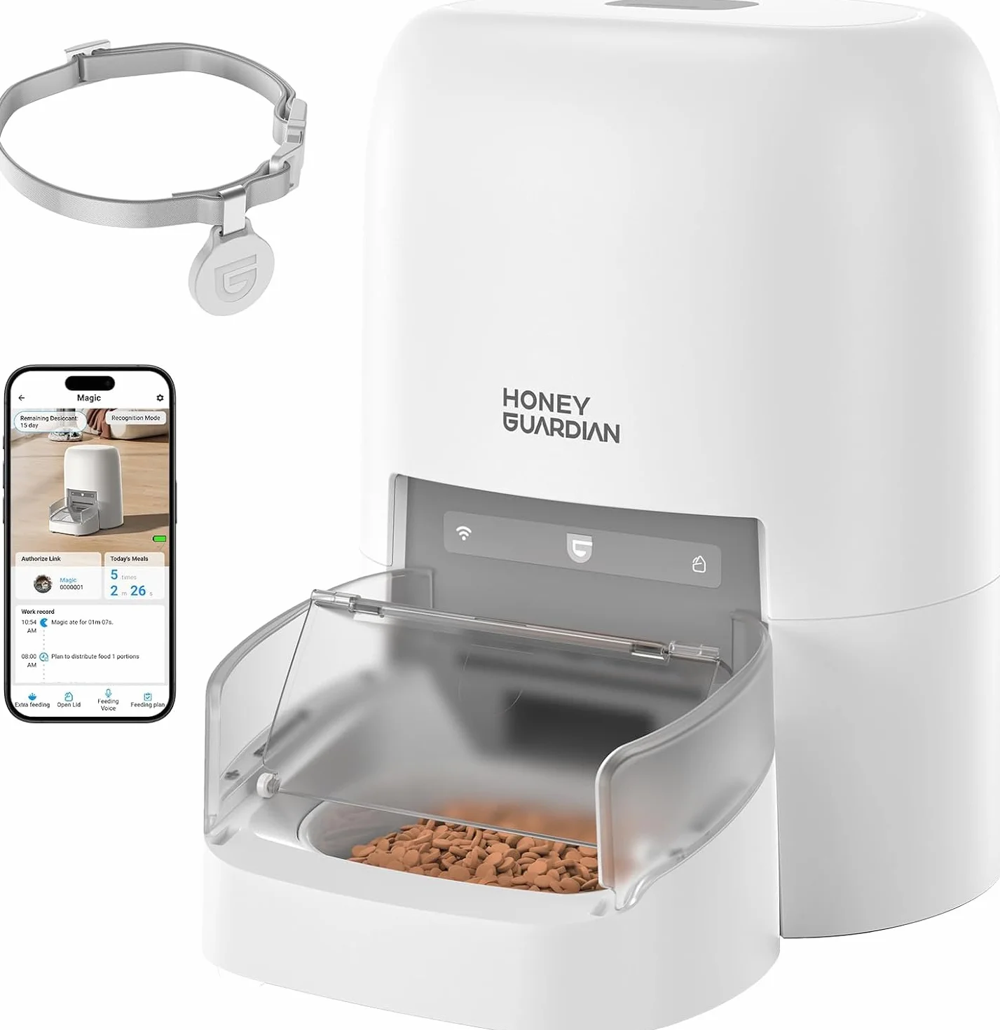 HoneyGuaridan RFID 5G WiFi Distributore Automatico Cibo Gatti, 4.6L Dispenser Crocchette Gatto con Pasti Personalizzati Attivati dal Collare, Monitoraggio Dietetico e Antifurto, Ciotola in Ceramica