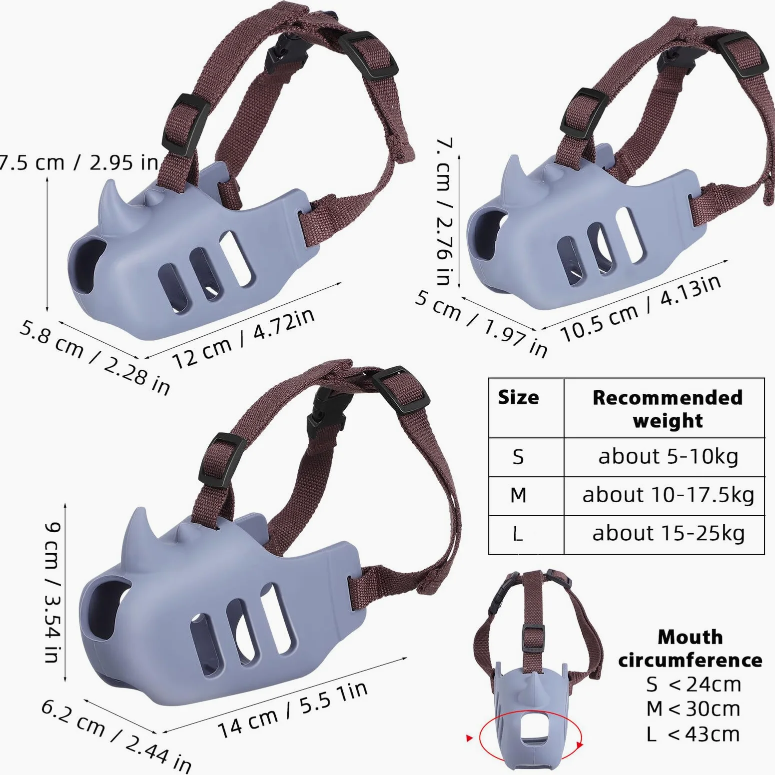 KOMBIUDA 3 pezzi Museruola per Cani Regolabile in Silicone Morbido Antibagno e Antimorso Traspirante e Resistente alle Intemperie per Cani Piccoli Medi e Grandi