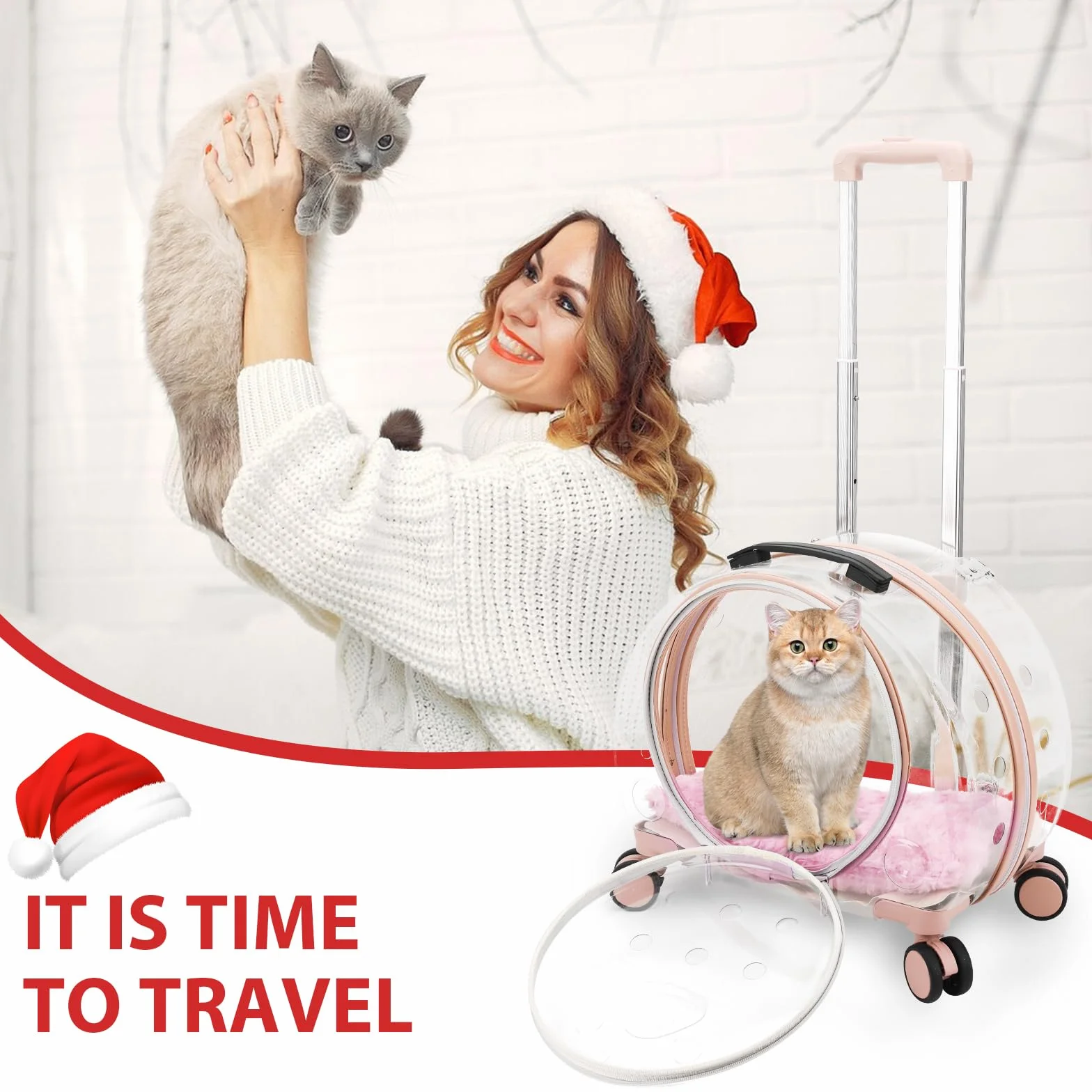 Trasparente e Completamente Traspirante Trasportino per Gatti con Ruote Girevoli per Cani, Gatti o Conigli, Più Opzioni di Trasporto, Perfetto per Viaggiare/Fare una Passeggiata (rosa)