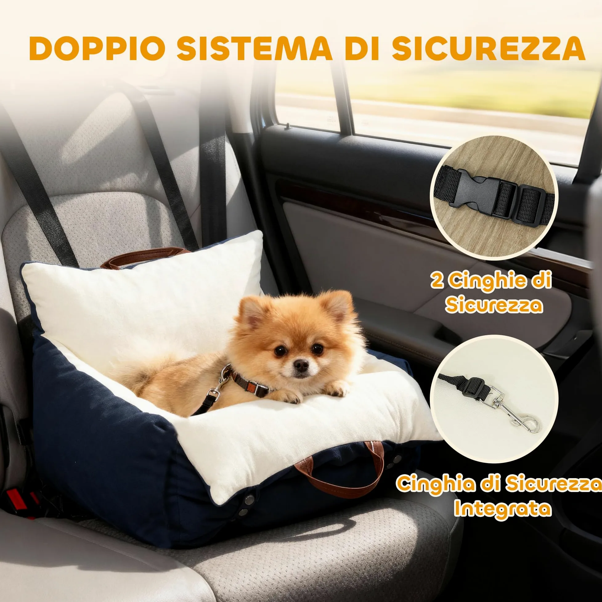 PawHut Seggiolino Auto per Cani Piccoli con Guinzaglio di Sicurezza, Lettino per Cani da Viaggio e Trasportino per Animali Domestici, Sfoderabile e Lavabile, Blu Navy
