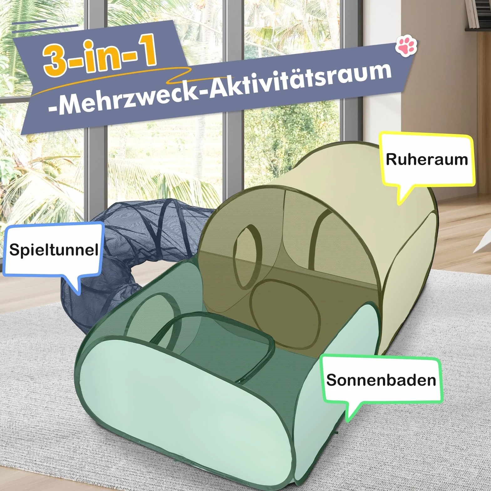 Box pieghevole per gatti con tunnel, box multifunzione con rete traspirante, tenda portatile per piccoli animali interni ed esterni, recinti e gabbie per esterni, S