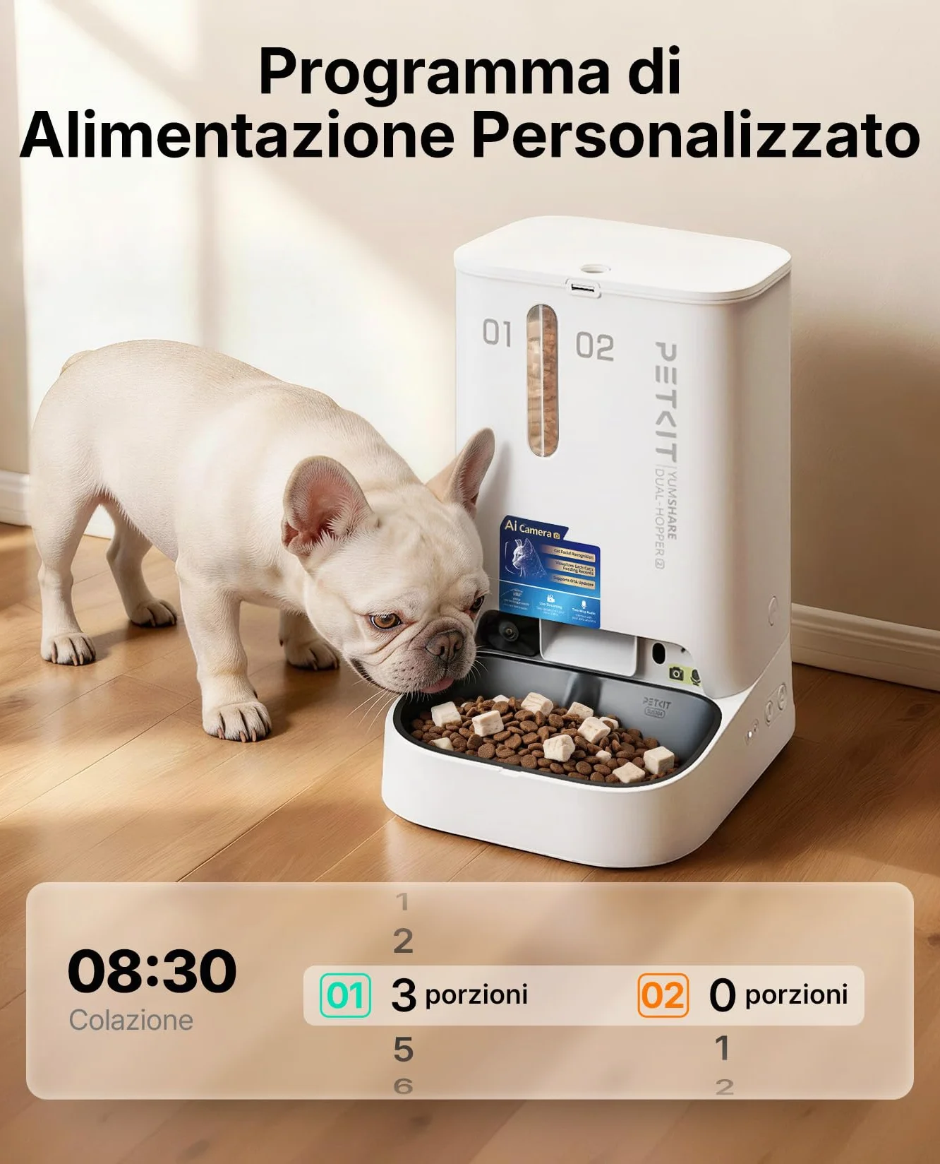 PETKIT YumShare Dual-Hopper 2, Distributore Automatico di Cibo per Gatti e Cani con Telecamera HD 1080p, Riconoscimento Multiplo Gatti, Funzioni AI, Capacità 5L, Wi-Fi 2.4 GHz e 5 GHz