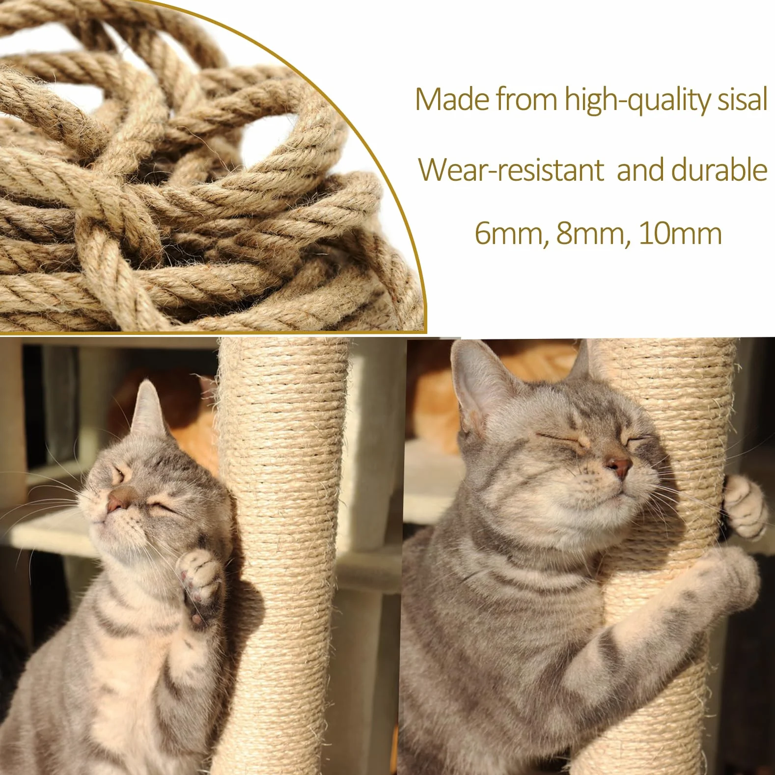 Aoneky Corda di Sisal Naturale 6mm/ 8mm/10mm, 10M-100M - Corda di Sisal per Alberi di Gatto, Gatto Graffiare Pad, Decorazione Casa (100 m x 6 mm)