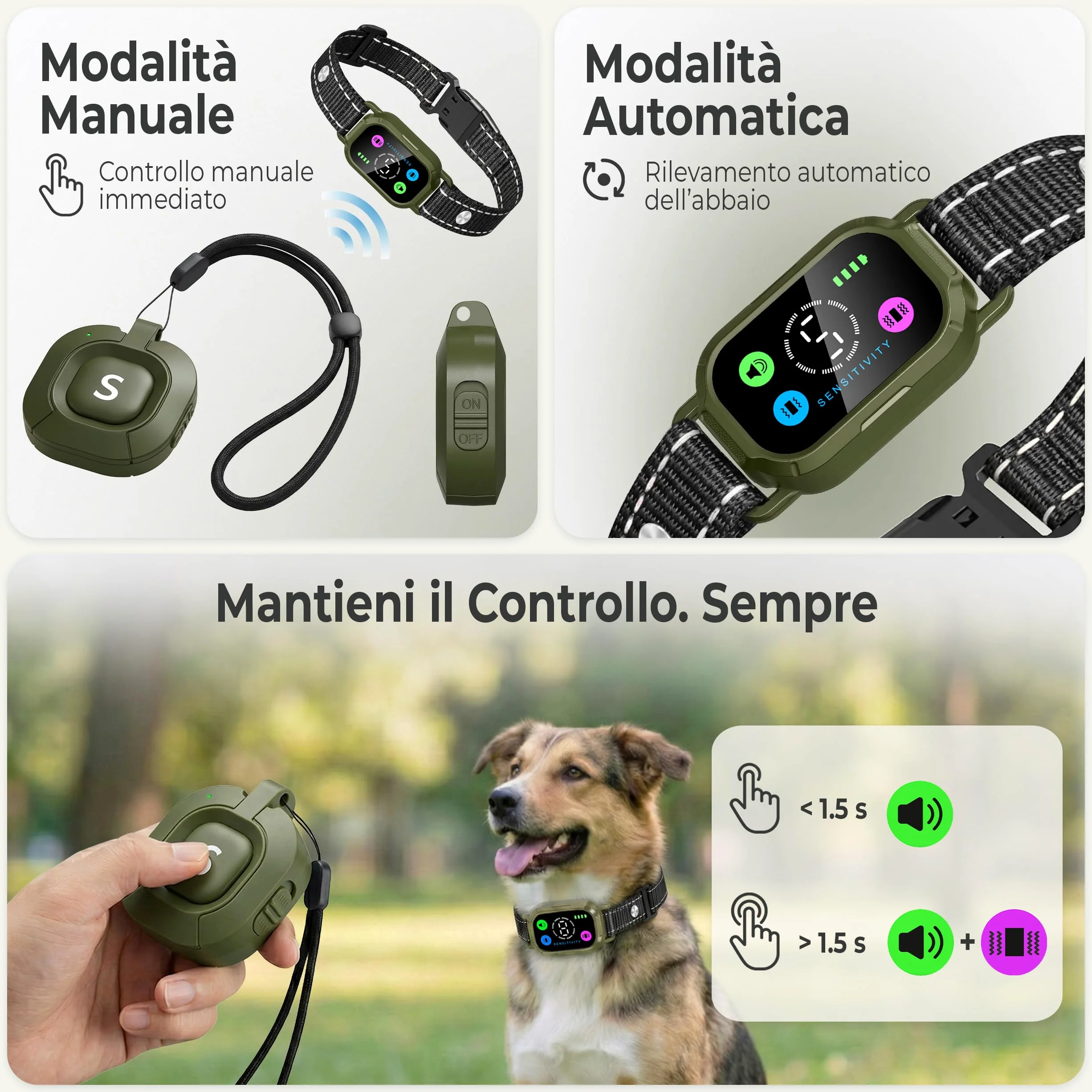2-in-1 Collare Antiabbaio per Cani e Collare di Addestramento con Telecomando – Automatico e Manuale – Modalità Sonora e Vibrazione Progressiva – Impermeabile IP67