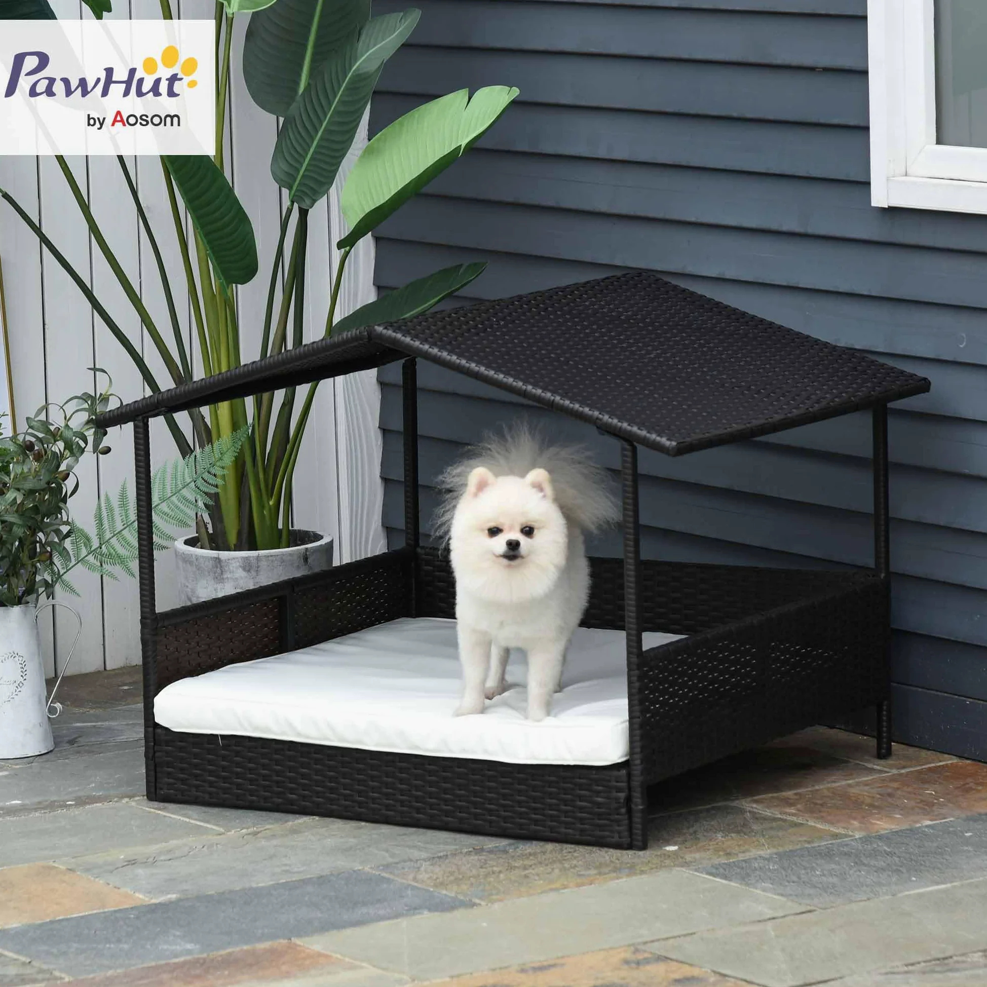 Pawhut Cuccia per cani con cuscino, letto per cani a forma di casa, casa per esterni, telaio in acciaio, PP Rattan, nero, 95 x 69 x 70 cm