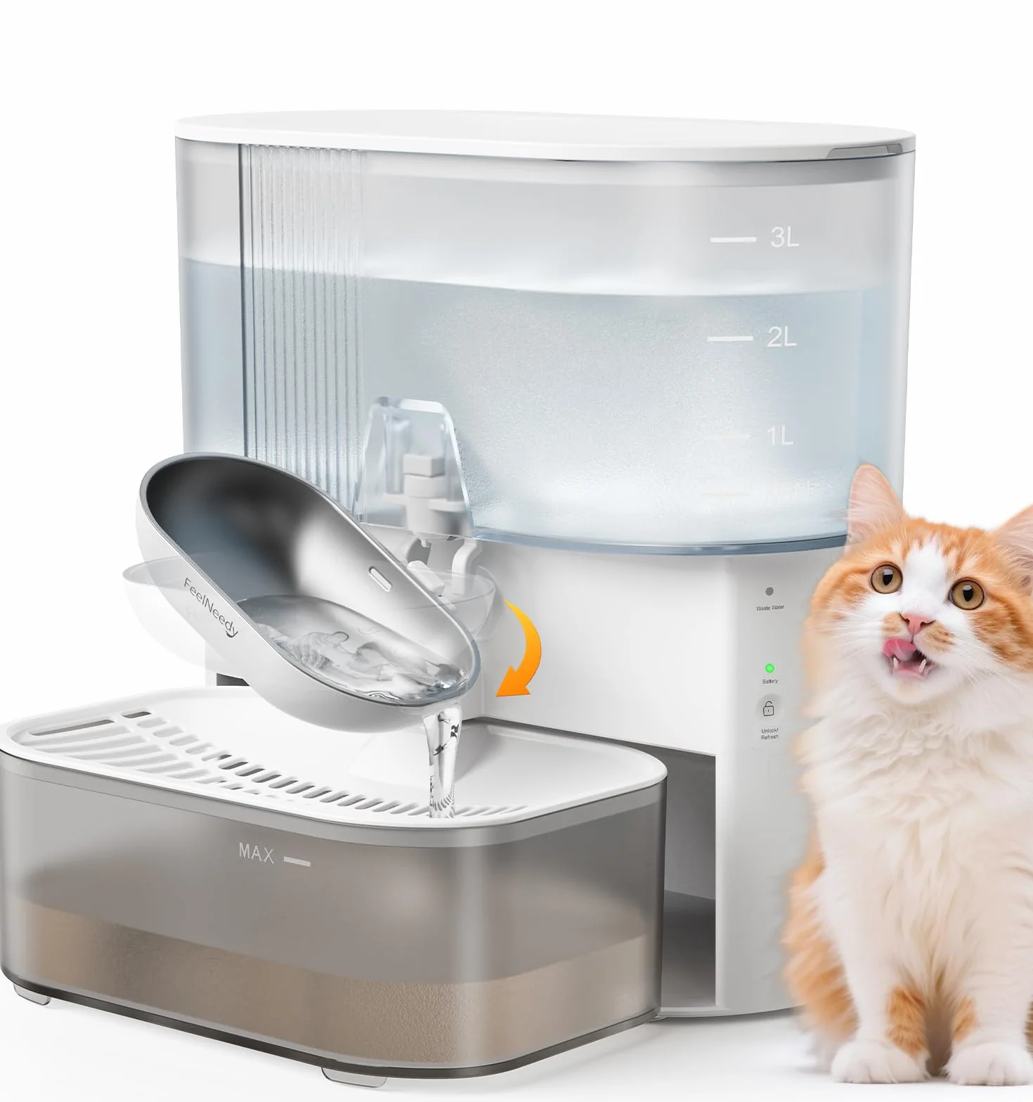FEELNEEDY Fontanalla per Gatti Senza Filtro E Senza Fili A Batteria da 2000mAh, Separa L'acqua Pulita Da Quella Usata, Ciotola in Acciaio inox, Fontana per Gatto 3.5L, Bianca