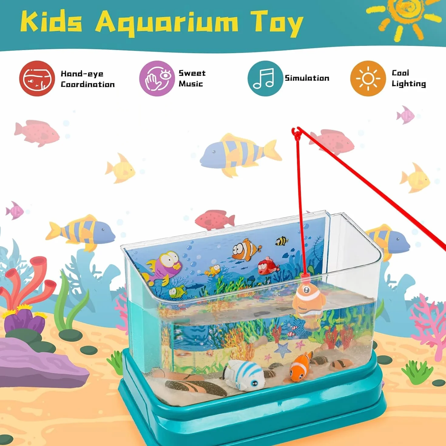 Acquario Bambini Acquario Finto con Pesci*4 in Movimento,Acquario Giocattolo per Bambini con Luce e Musica USB,Canna da Pesca,Rete da Pesca,Animali Giocattolo,Regalo per Bambini Ragazzi Ragazze