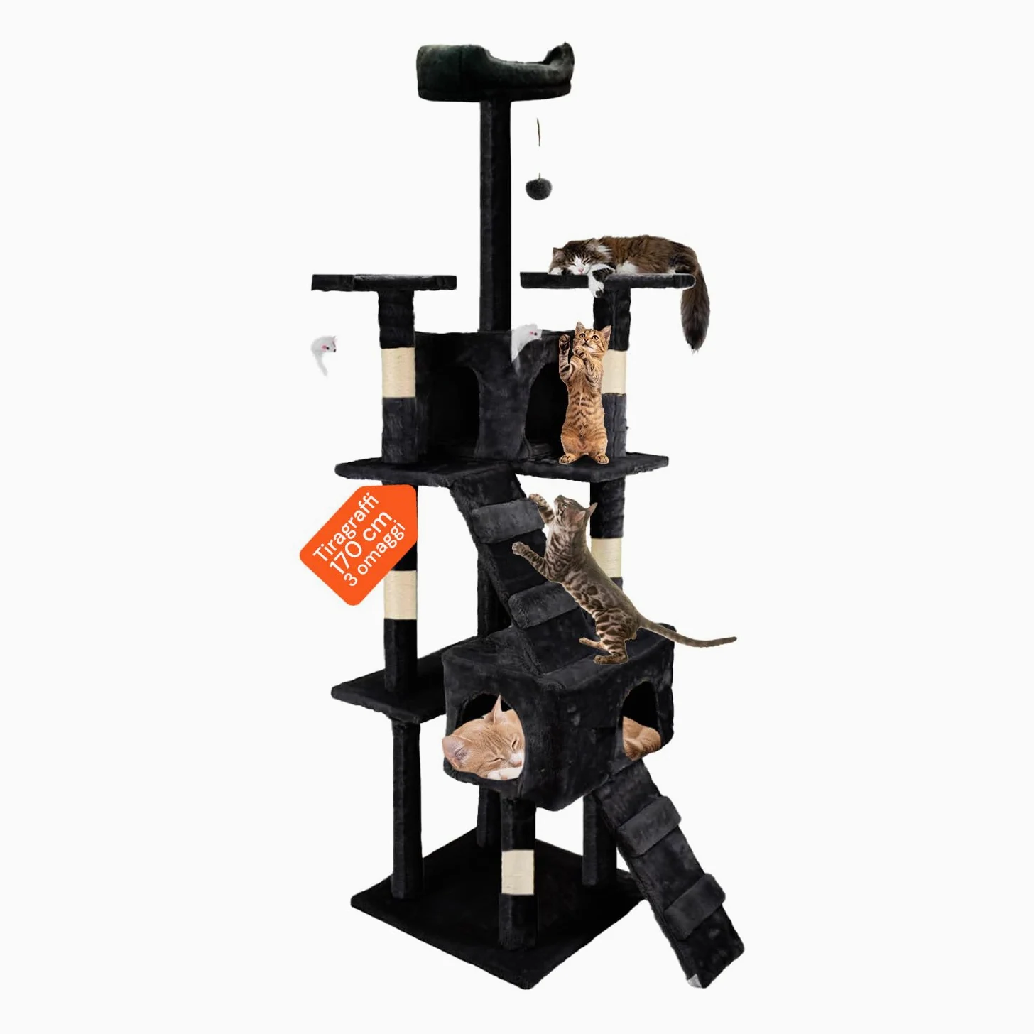 Tiragraffi XXL 170cm con Doppia Cuccia per Gatti Adulti, Albero Giochi in Sisal e Peluche, Piatteforme Relax, Ampio e Sicuro per il Massimo Divertimento dei Gatti Nero