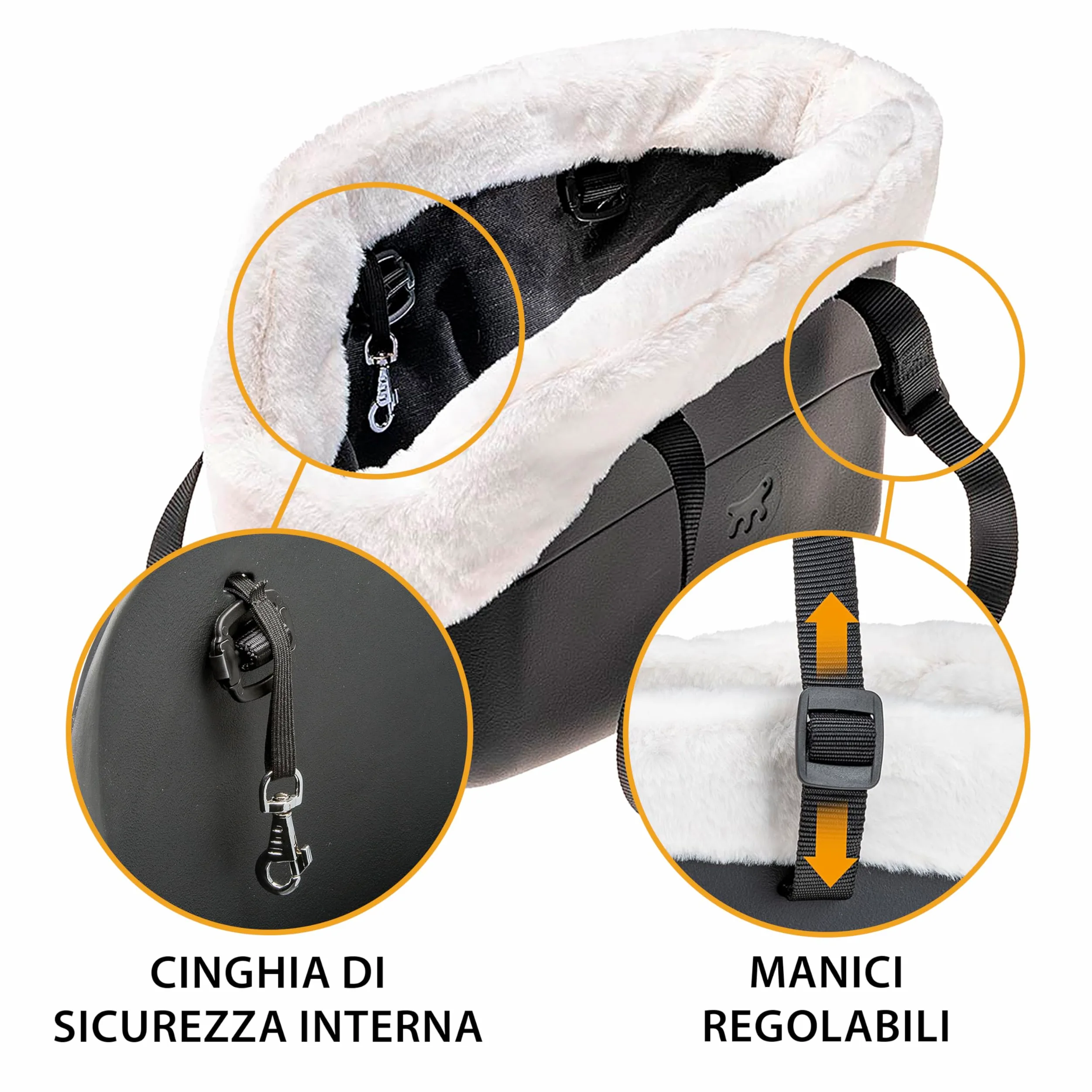 Ferplast Borsa per Cani Gatti fino a 8 Kg. Plastica Gommata Impermeabile e Lavabile, Imbottito con Caldo Peluche, Manici Regolabili, Cinghia di sicurezza, 43,5 x 21,5 x h 27 cm. Nero