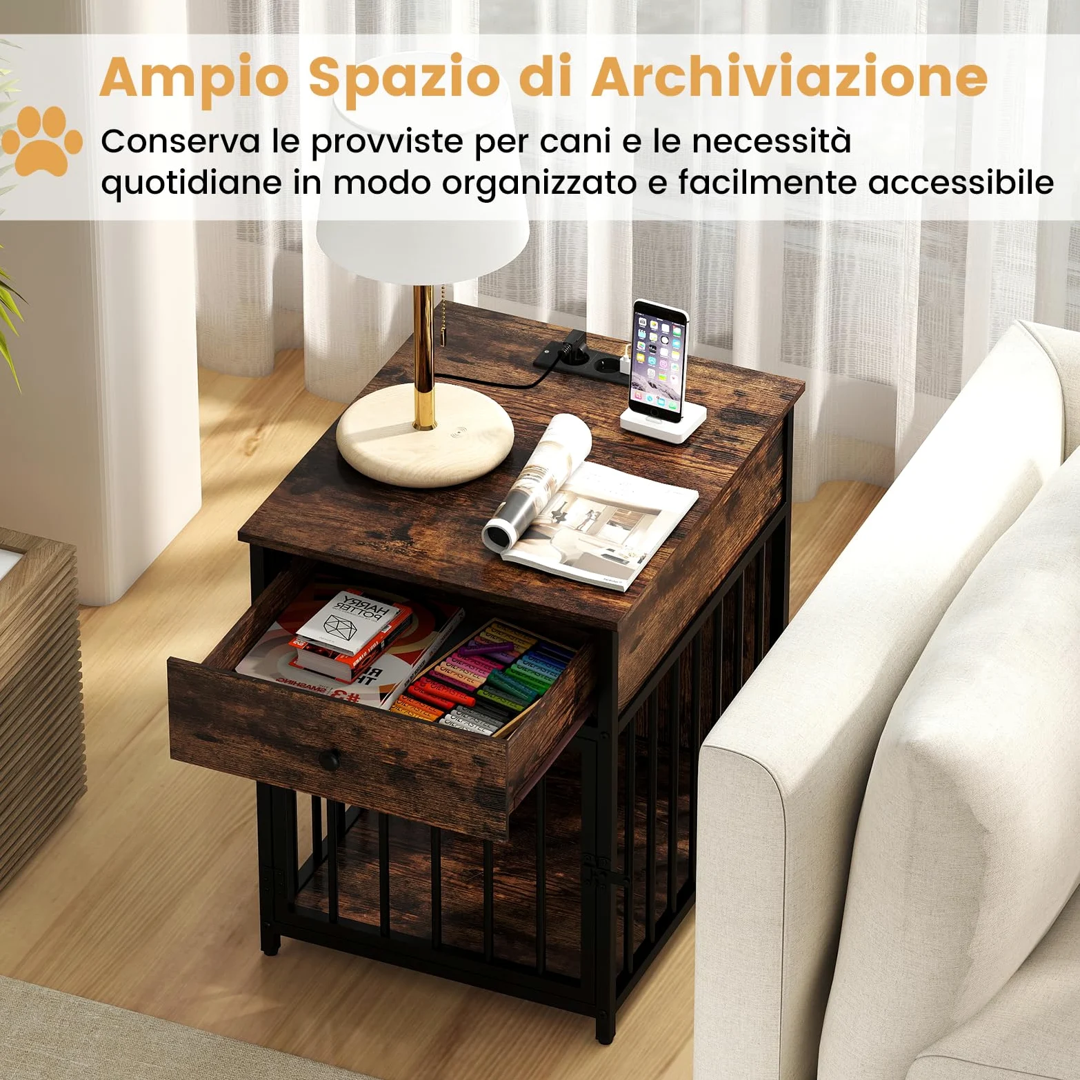 COSTWAY Gabbia per Cani con Stazione di Ricarica e Armadietto Multiuso | Cuccia per Cani in Legno con 2 Prese AC, 2 Porte USB e 1 Porta Type-C, Cassetto e Tubi Metallici, 81 x 37 x 115 cm