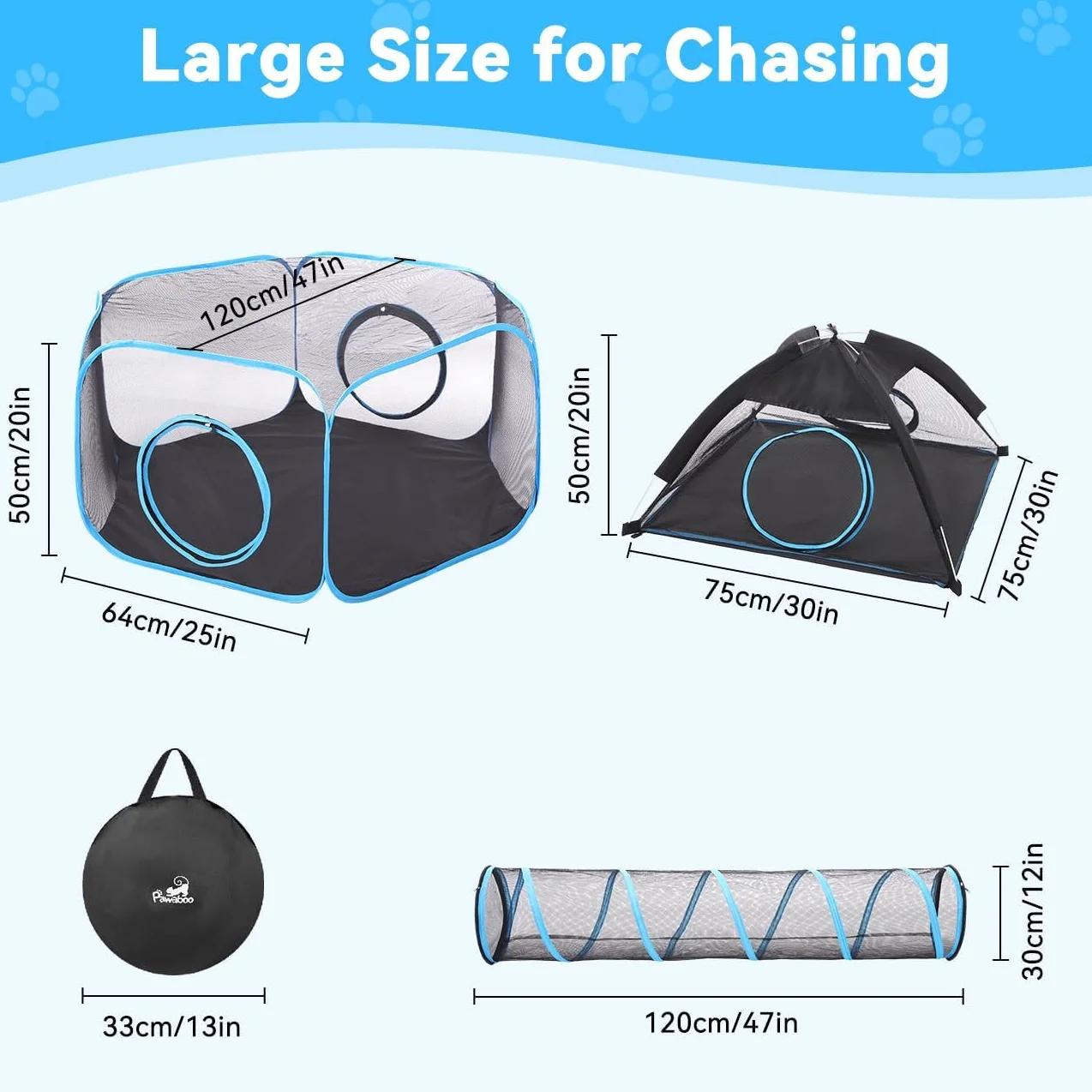 Pawaboo Tenda per Gatti con Tunnel, 3 in 1 Recinto per Gattis da Esterno con Tunnels, Recinzione per Animali Pieghevole e Portatile Box per Gatti, Include 1 Box+1 Tenda+1 Tunnel, Azzurro + Nero