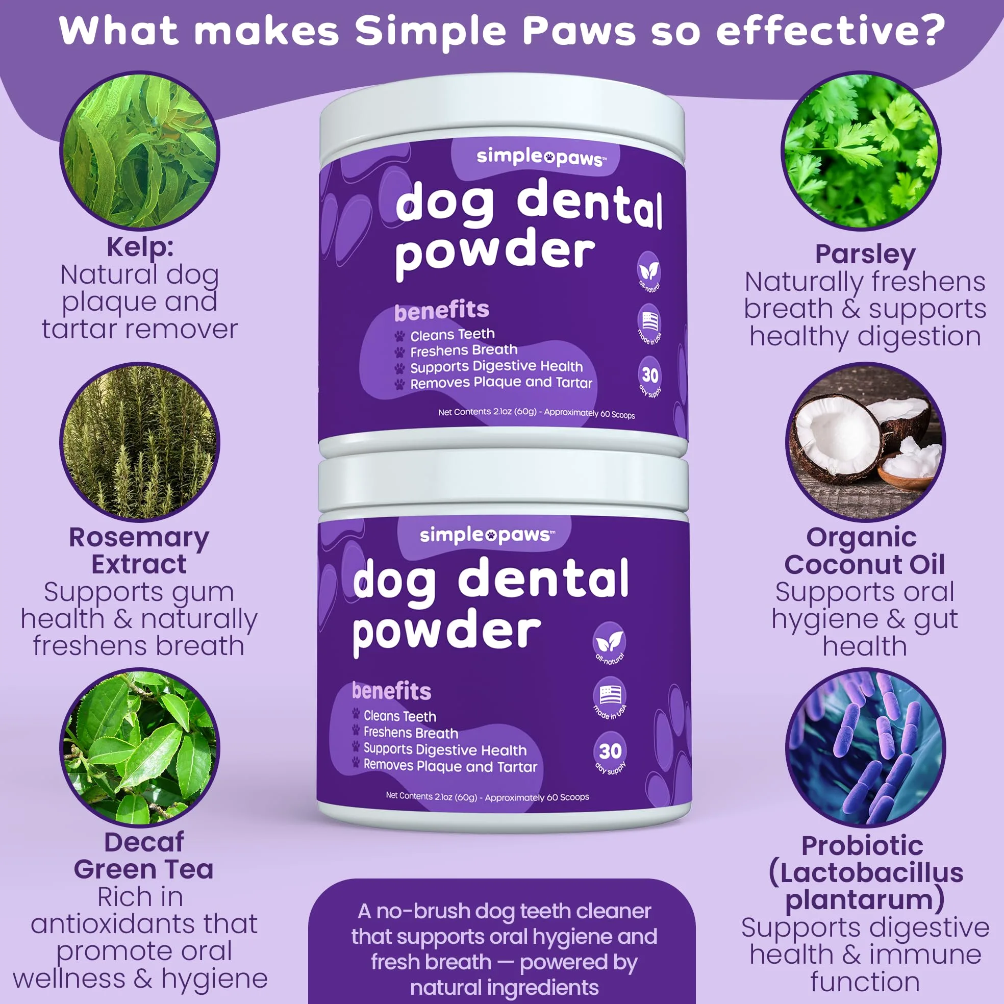 Polvere dentale per cani per la pulizia dei denti - Polvere dentale per | Prevenire l'alito cattivo del cane con probiotici per alito fresco e salute orale - Al gusto di pollo