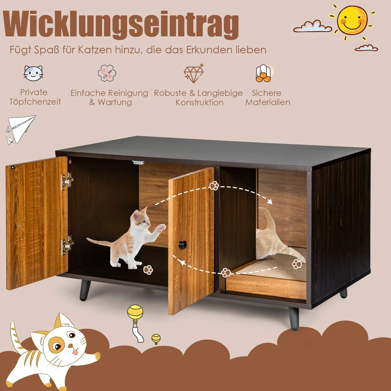 FANTASK Casetta laterale 2 in 1, tavolo e armadietto per gatti con 2 ante, tavolino da caffè e lettiera per gatti, in legno, con design impermeabile, buona circolazione dell'aria, 90 x 50 x 50 cm