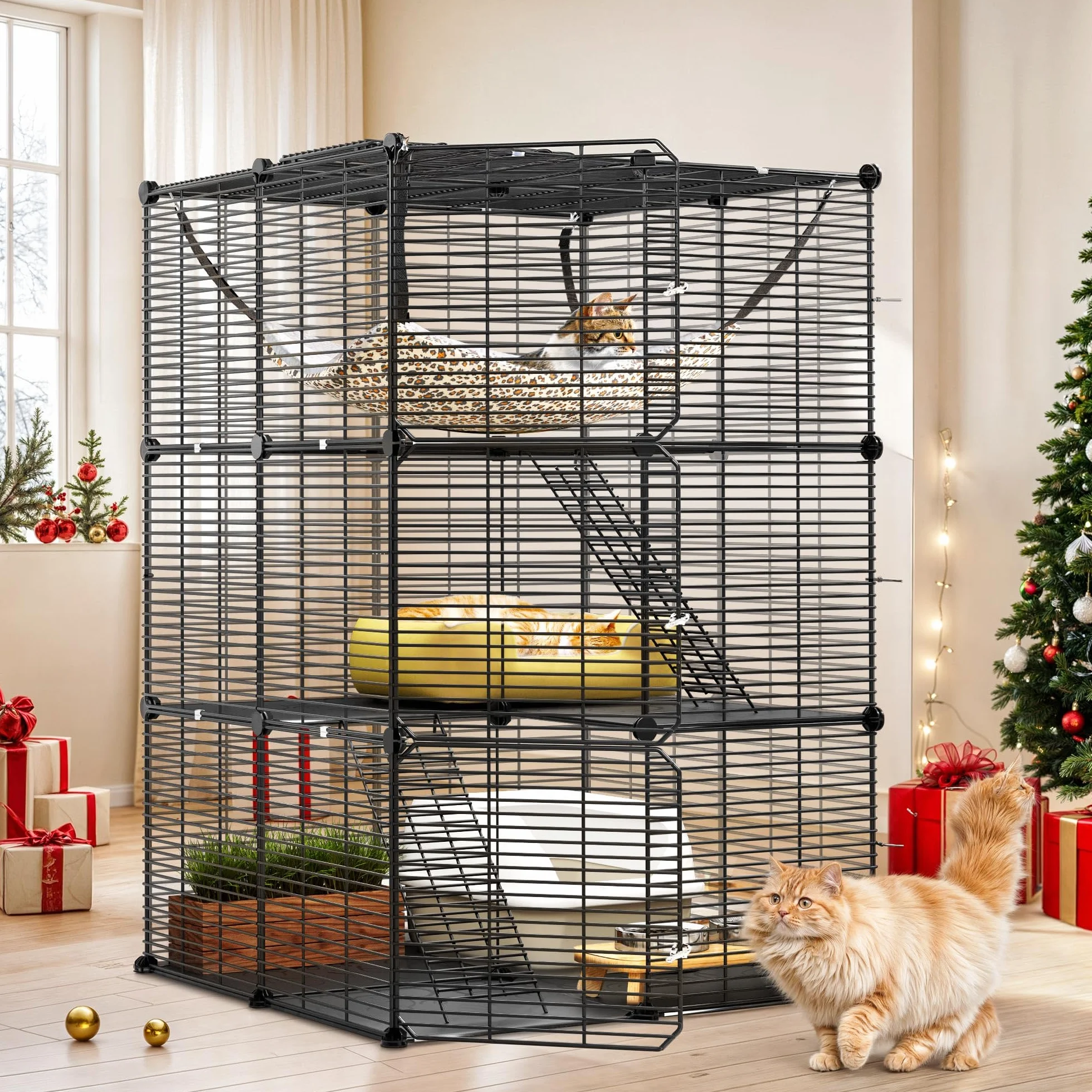 YITAHOME Gabbia per Gatti da Esterno/Interno, Recinto per Gatti a 3 Livelli con Amaca Extra Large, Gabbia per Animali Domestici con Filo Metallico Denso per 1-2 Gatti, Cincillà, Coniglio, Nero