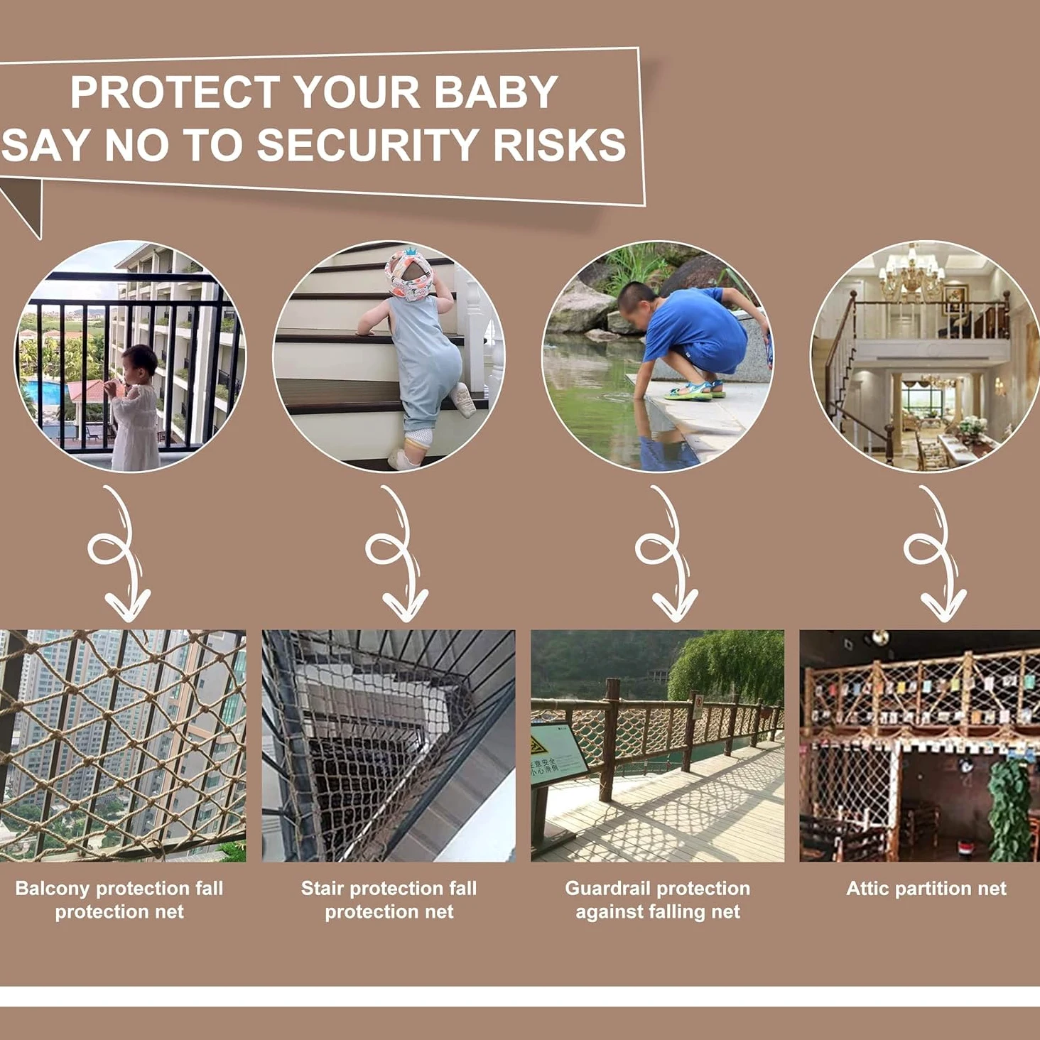 Corda di iuta di sicurezza e rete decorativa per bambini e animali domestici, corda versatile e di protezione da 8 mm, rete di sicurezza per bambini, dimensioni 4 x 9 m, per uso interno ed esterno