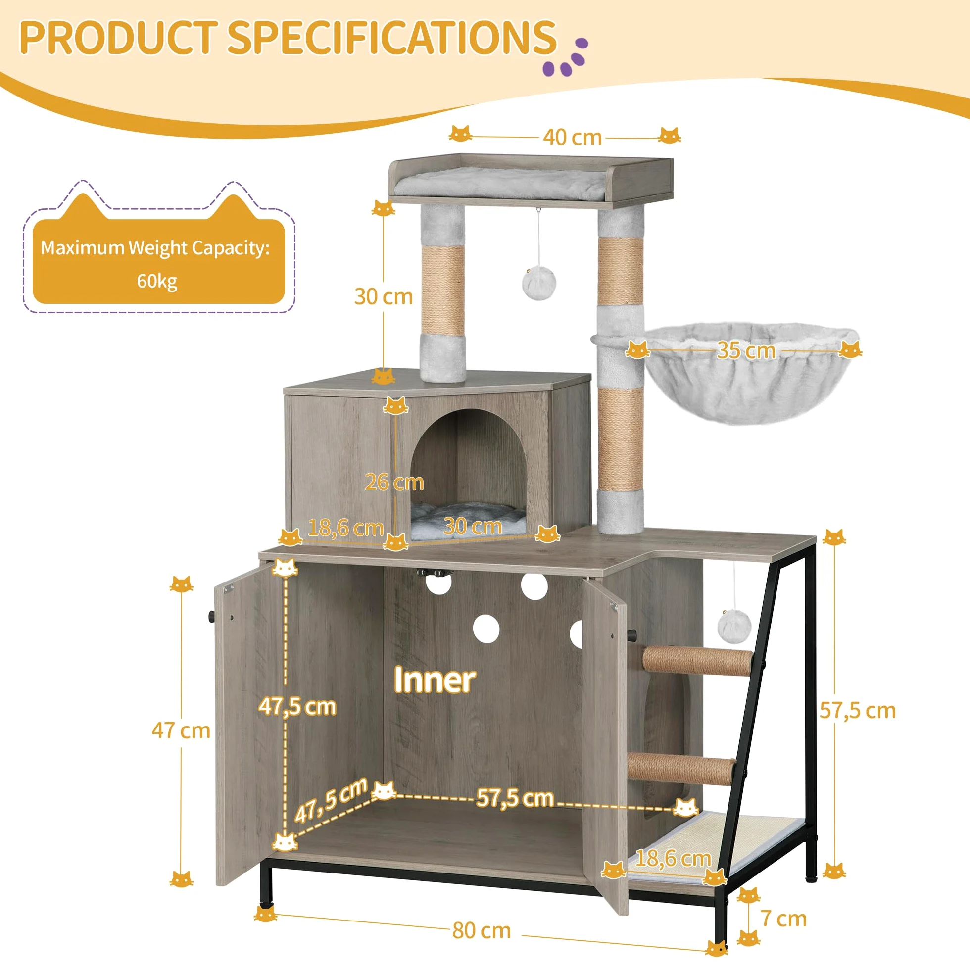 Hzuaneri Mobile Lettiera per Gatti, Cuccia per Gatti 4 in 1 Con Grande Piattaforma, Cuccia per Gatto Con Tappetino Antigraffio in Sisal, Pali, Scale E Pompon, Cuscini Lavabili, Grigio CB81005B