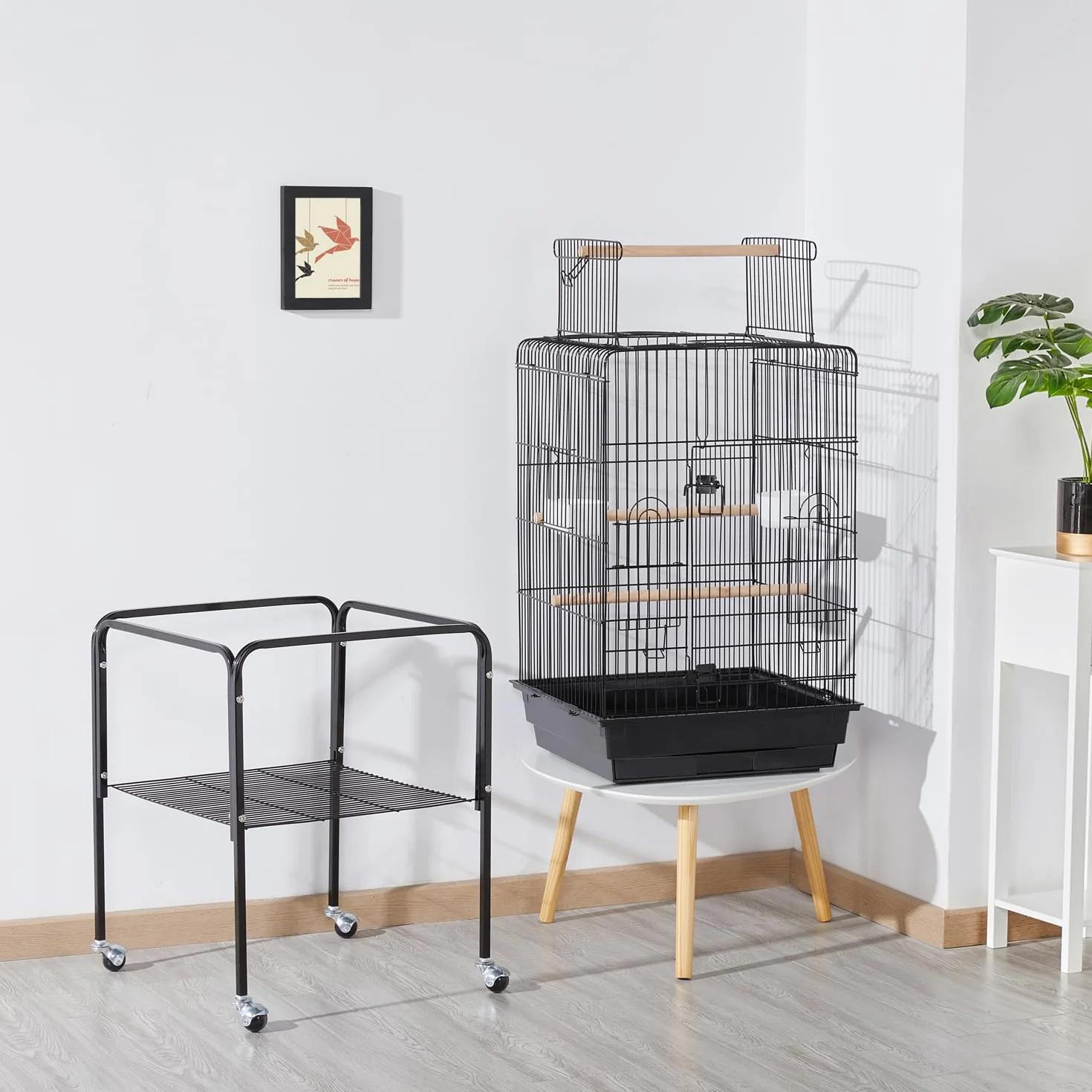 Yaheetech Gabbia per Uccelli Pappagalli Calopsite con Piedistallo in Metallo con Tetto Apribile Nera 46 x 46x 119 cm
