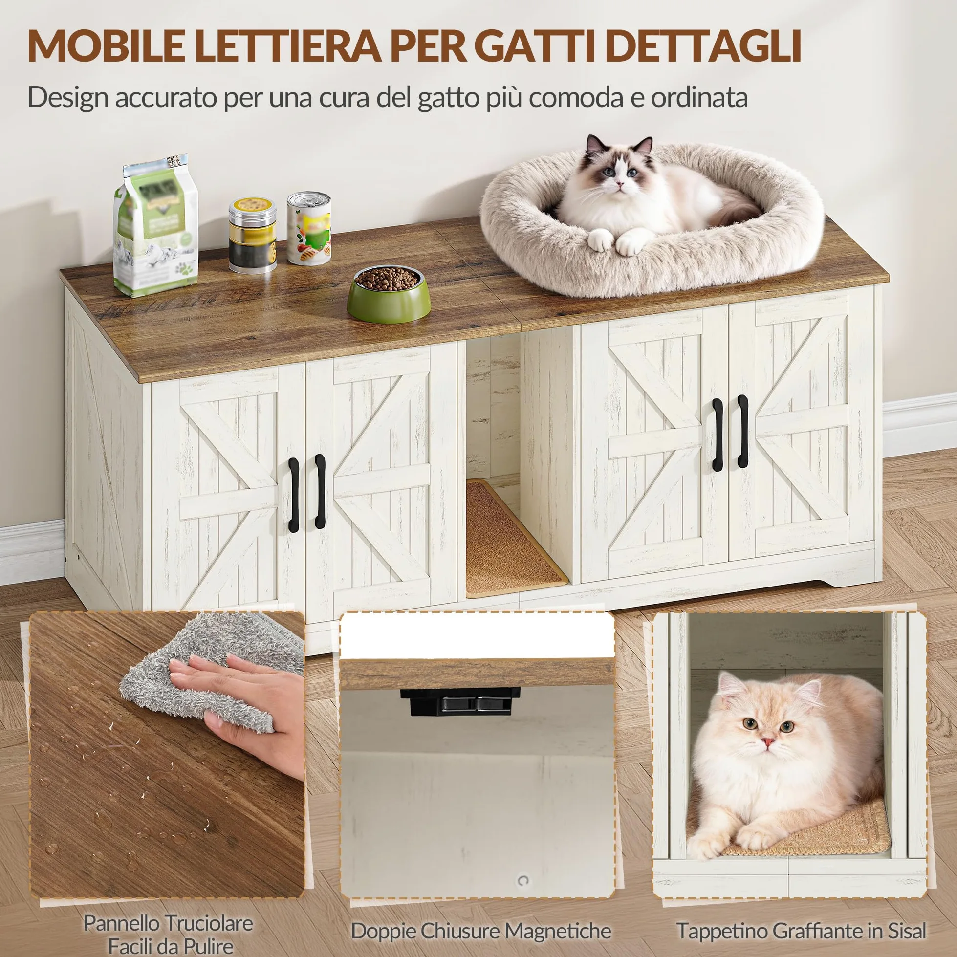 Mobile Lettiera per Gatti per 2 Gatti, Mobiletto per Lettiera Nascosta, Cuccia per Gatto da Interno, Legno Tavolino Laterale con Tappetino Graffiante, 140 x 50 x 55 cm, Marrone e Bianco