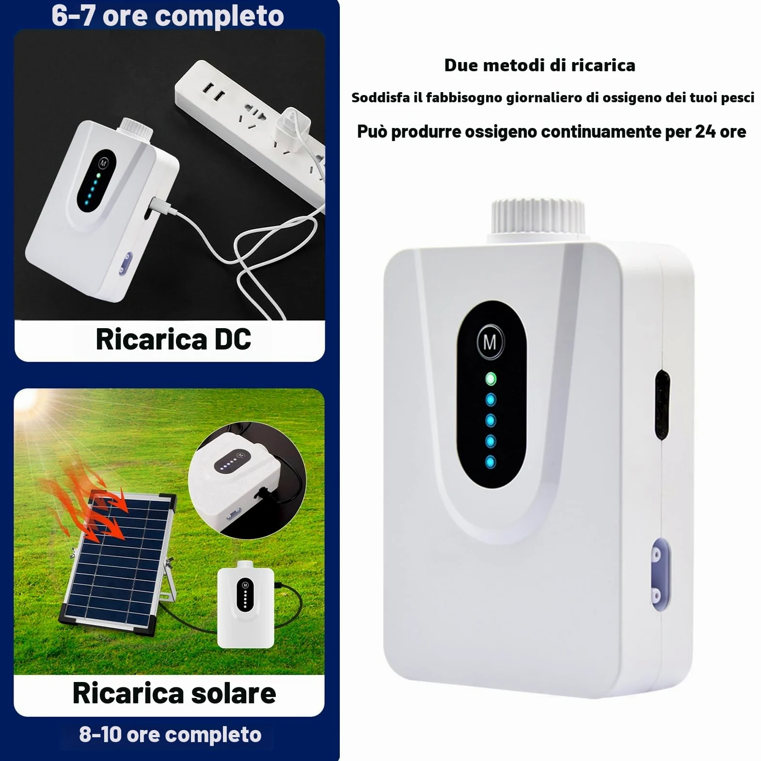 Pompe ad aria solare, 6 W, con batteria da 6000 mAh, ricarica USB e ricarica solare sono disponibili, pompa ad aria ossigenata, aeratore per acquario, aeratore con tubo per bolle d'aria, per