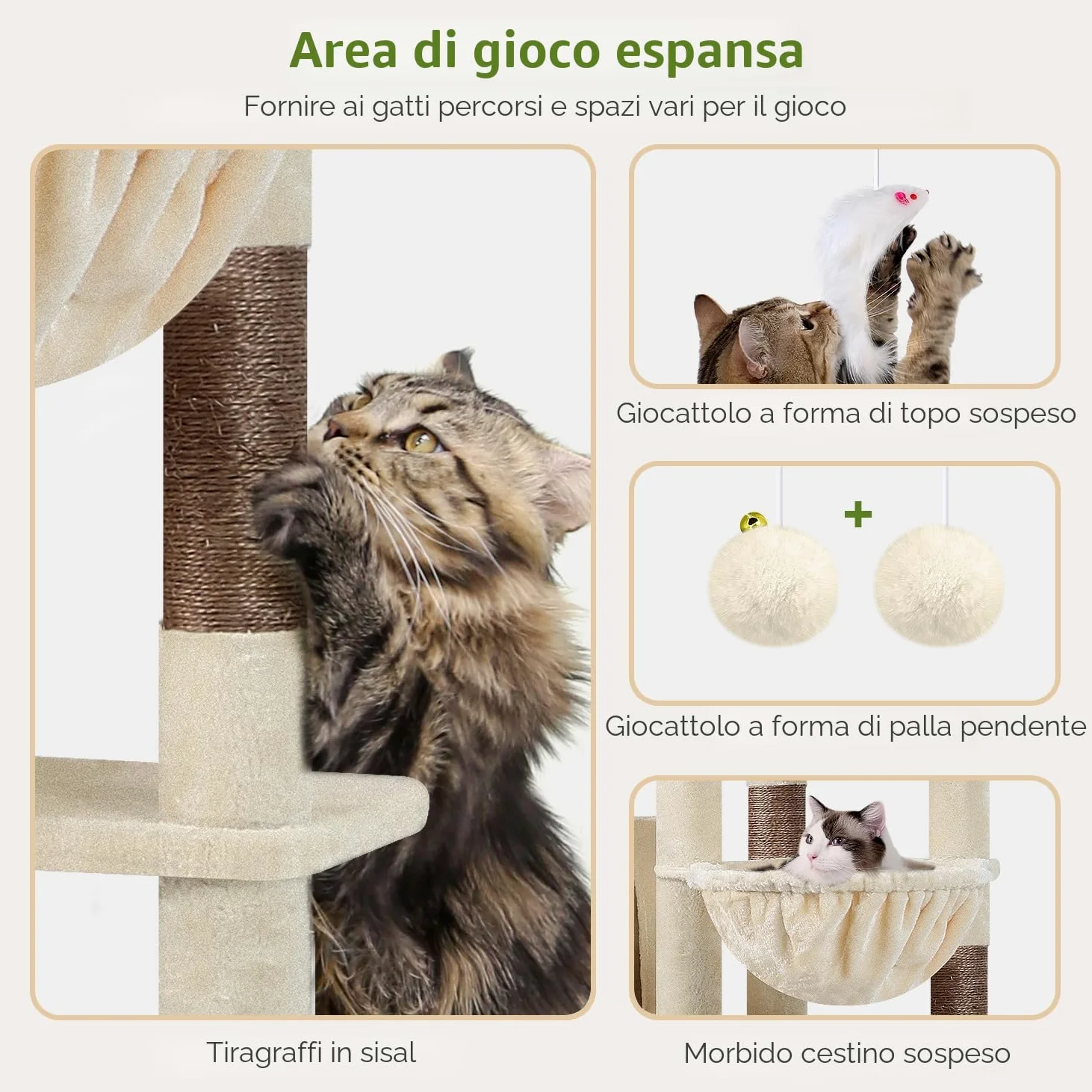 Globlazer Tiragraffi Beige XXL per Gatti Adulti Alto 213 cm con Grandi Piattaforma 55cm*45cm, 2 Grotta, Posatoi, Cesto, Albero Tiragraffi Stabile per Multipli Gatti Grandi Interno (F83, Beige)