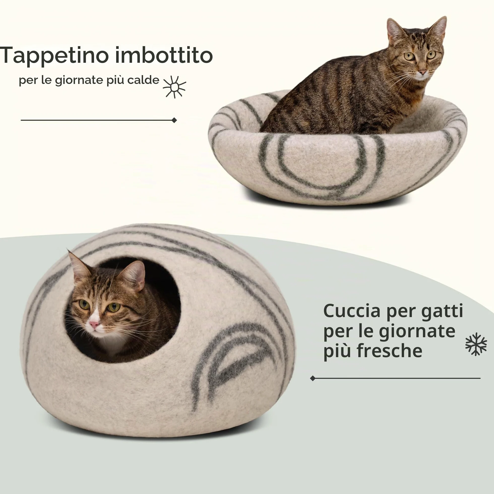 MEOWFIA Cuccia per gatti in feltro di alta qualità - Cuccia fatta a mano in lana merino per gatti e gattini (tonalità chiare) (medio, perla fumosa)