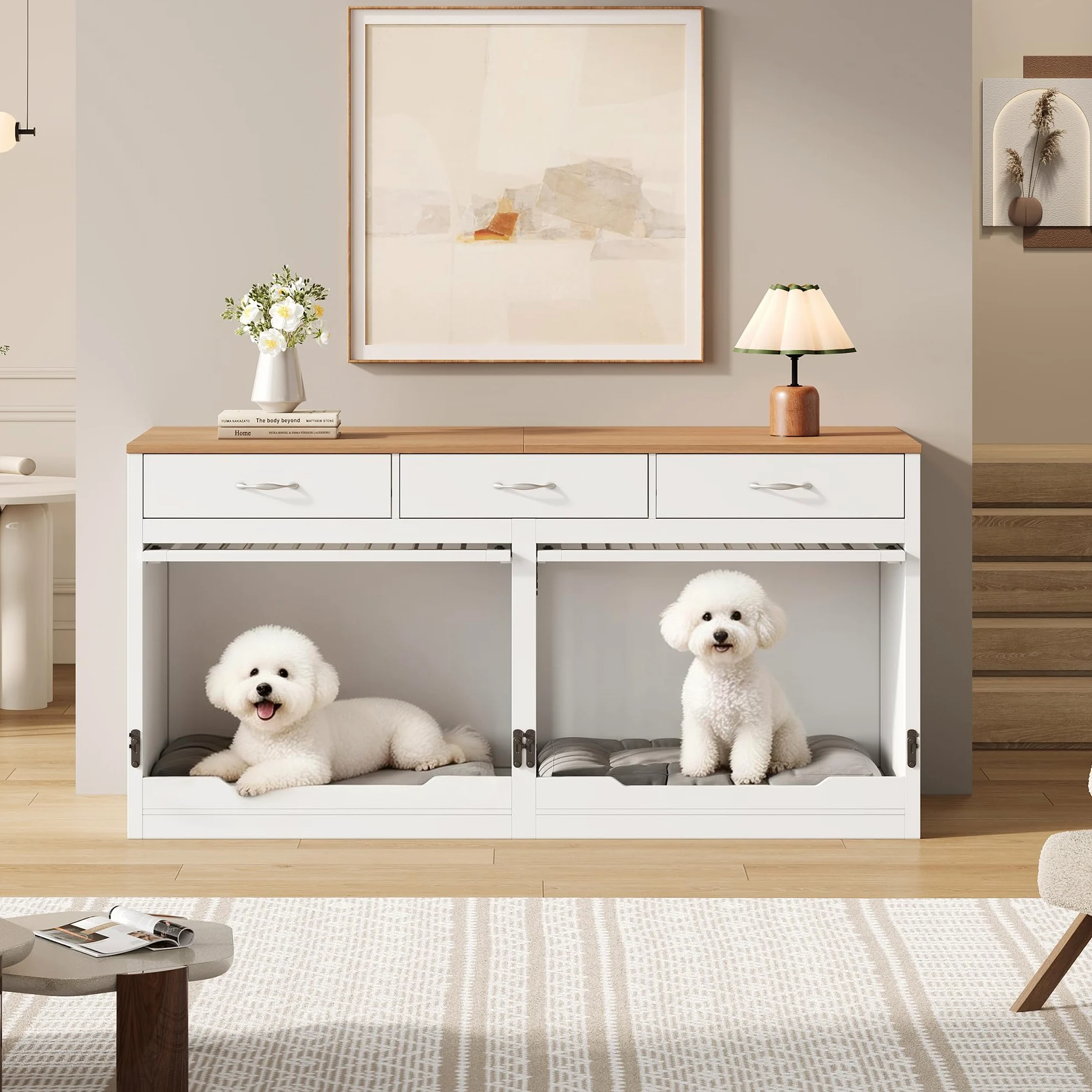 Gabbia per cani XXL, in legno e metallo, con 3 cassetti e 2 ante, cuccia interna per cani, per la casa, coperchio pieghevole, divisorio rimovibile (bianco + effetto legno)