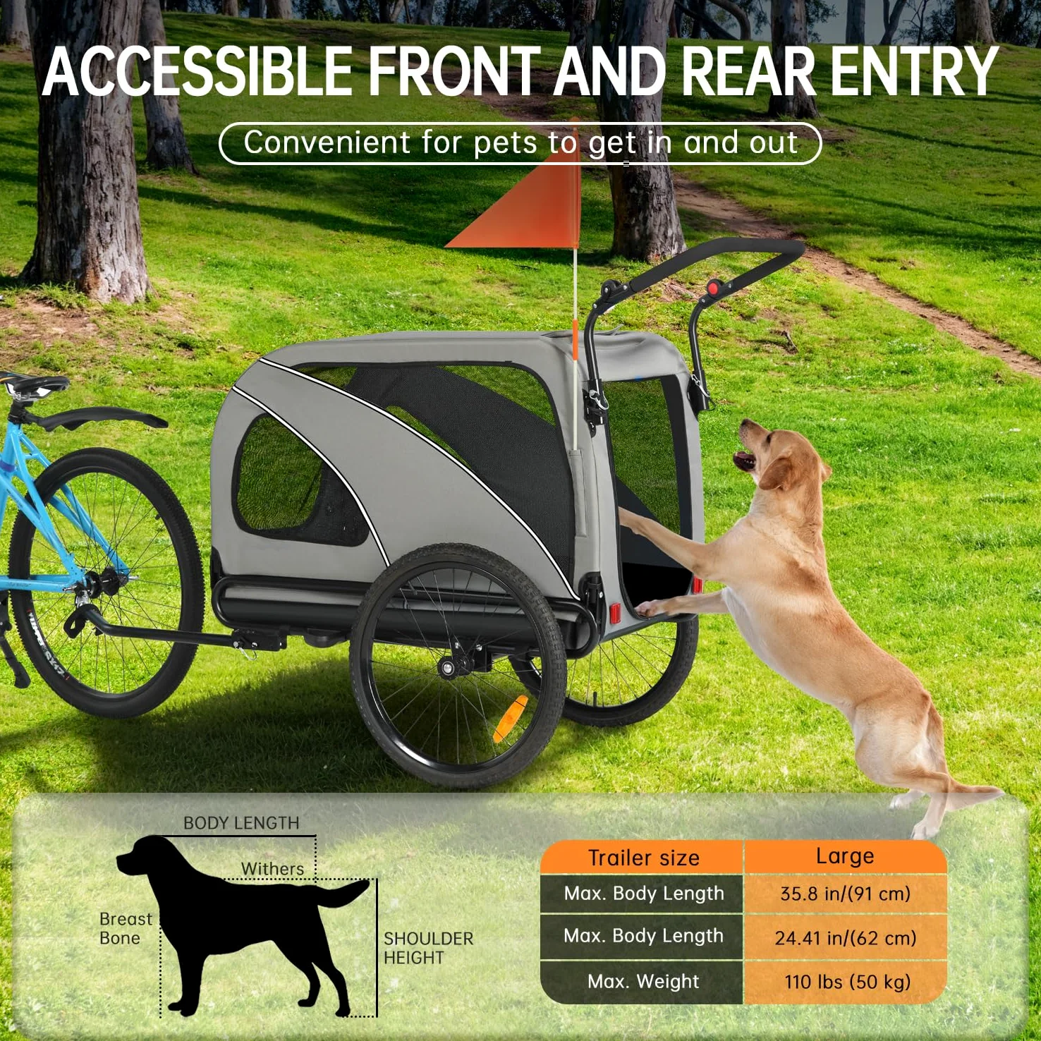 Rimorchio per bicicletta XXL 2 in 1 per cani, pieghevole, con apertura sul tetto, riflettori e strisce riflettenti, attacco universale per bicicletta, manico regolabile in altezza