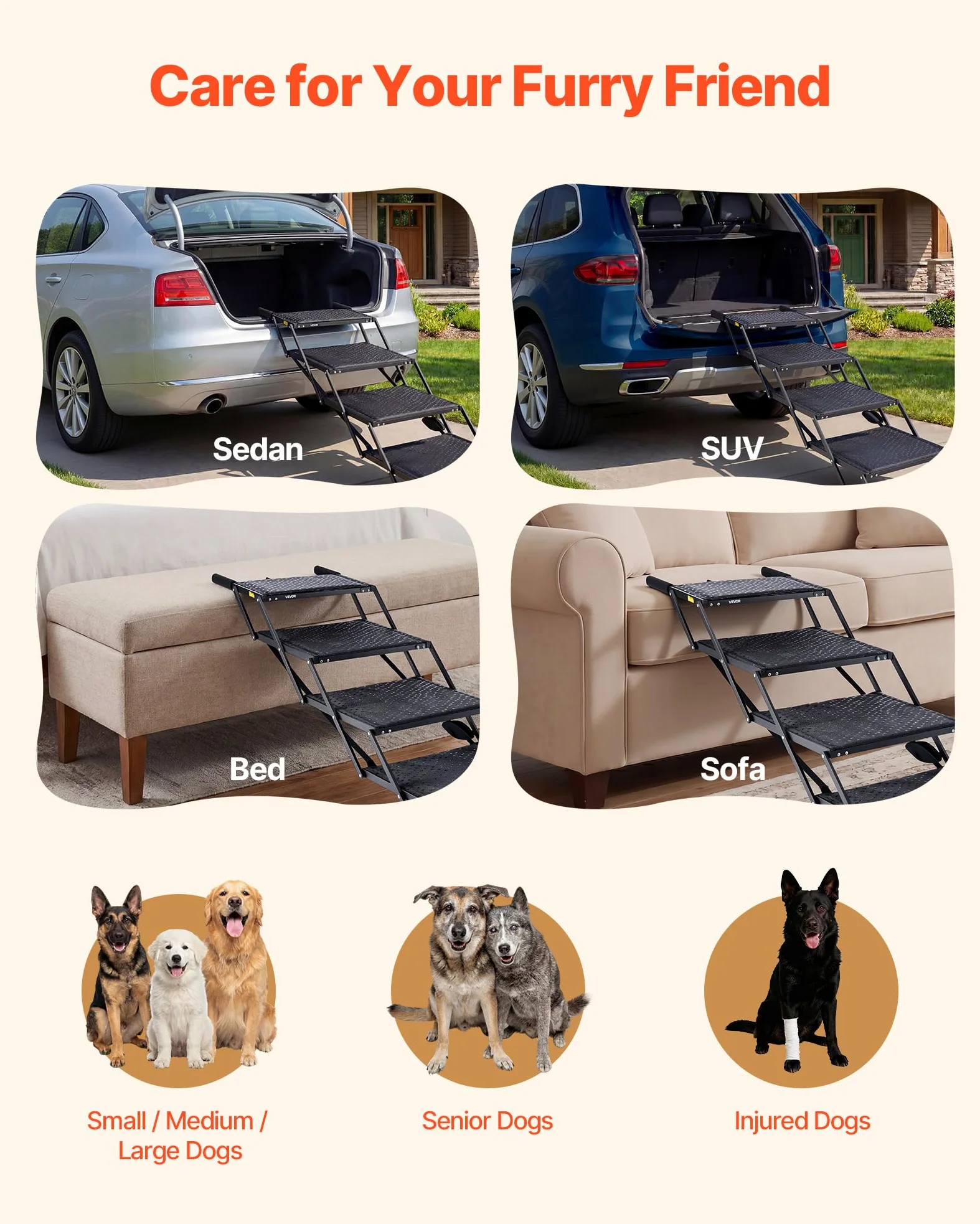 VEVOR Scaletta Pieghevole per Auto per Cani Animali Domestici, Scala Pieghevole a 4 Gradini per SUV Camion Letti Divani per Animali Domestici Carico max 113,4 kg Superficie Antiscivolo Extra Large