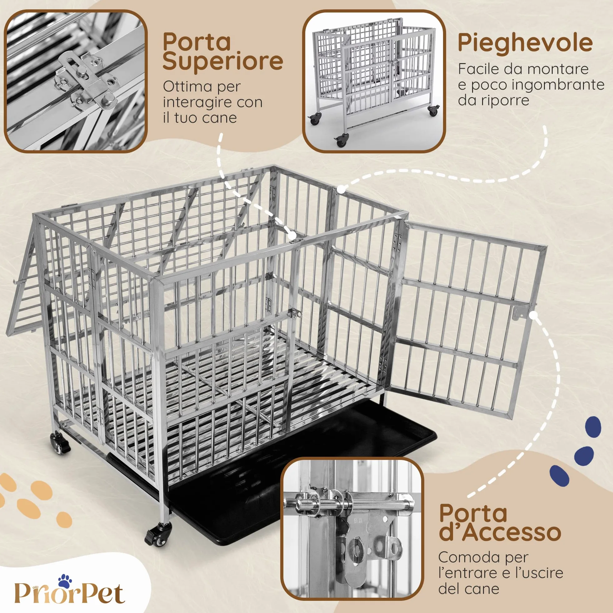 PRIORPET Solida Gabbia per Cani - Design Pieghevole e Facile da Montare per Un Agevole Trasporto - Doppia Serratura per Una Maggiore Sicurezza - Vassoio Rimovibile per Una Rapida Pulizia