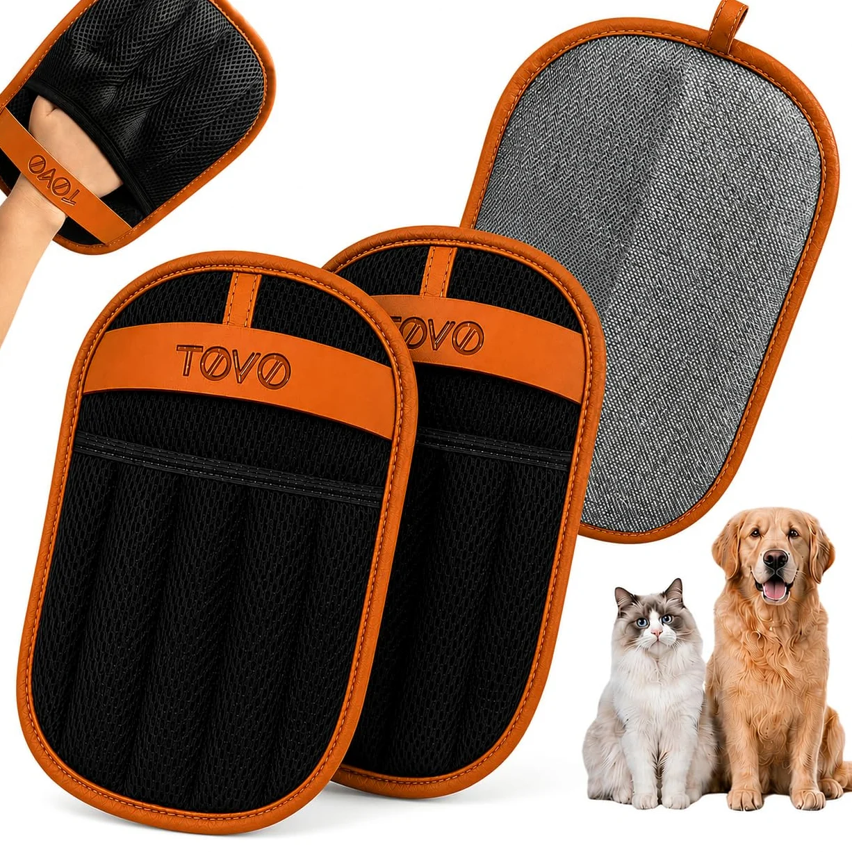 Confezione da 2 guanti per la rimozione dei peli degli animali domestici, con elettrostatico a cinque dita, strisce di pelle rinforzate, per cani e gatti, divani, tappeti, seggiolini auto e