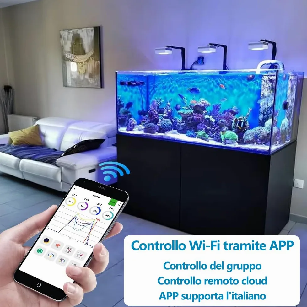 PopBloom WiFi LED Acquario Marino 100W, Lampada Acquario Marino a Spettro Completo per acquario di pesci SPS/LPS, L'APP supporta l'italiano (1 lampada con kit a braccio)