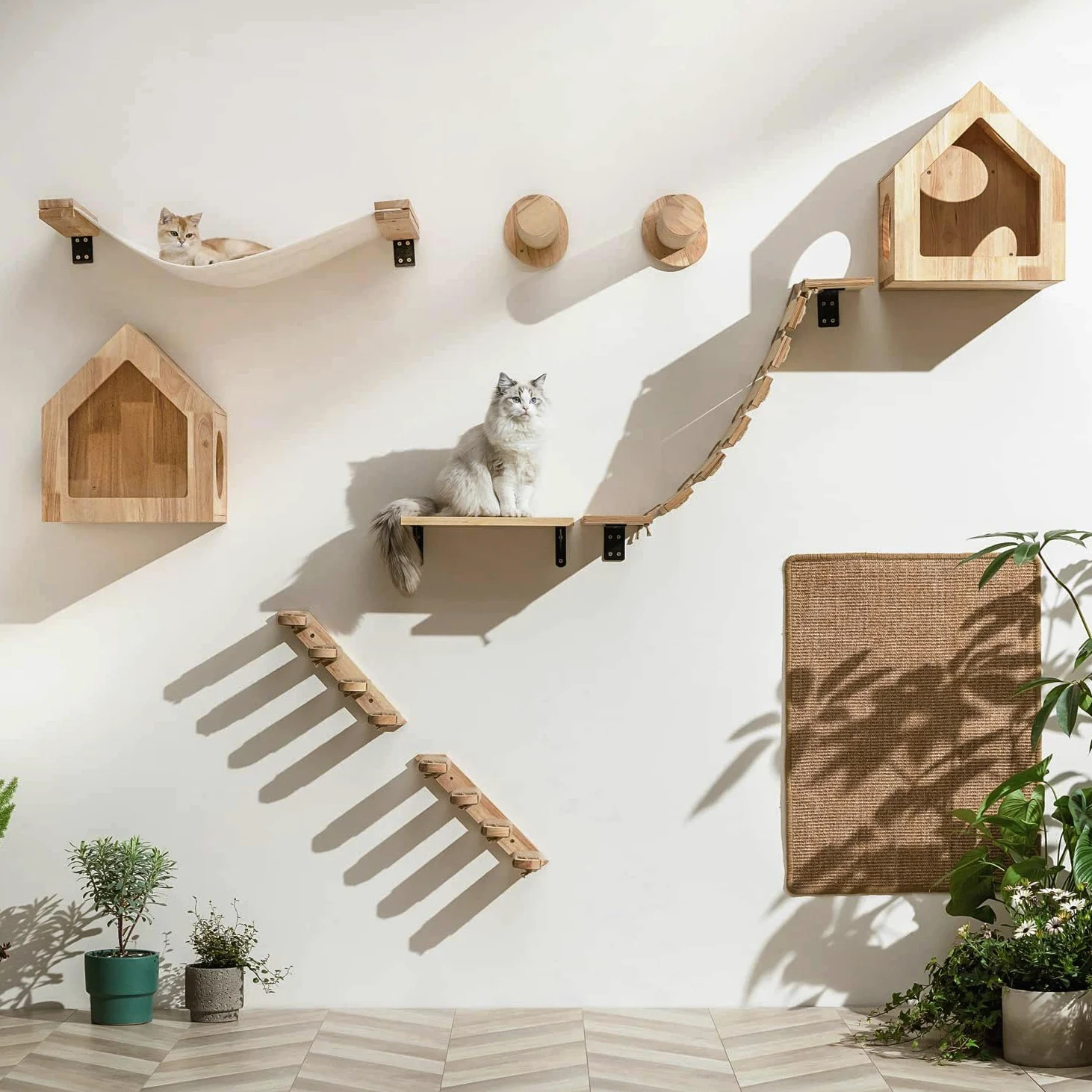 FUKUMARU Amaca da Parete per Gatti, Trespolo e Ponte per Gatti, Mobili da Parete di Alta Qualità, per Dormire, Giocare, Arrampicarsi e Rilassarsi, Beige, L-86 CM.