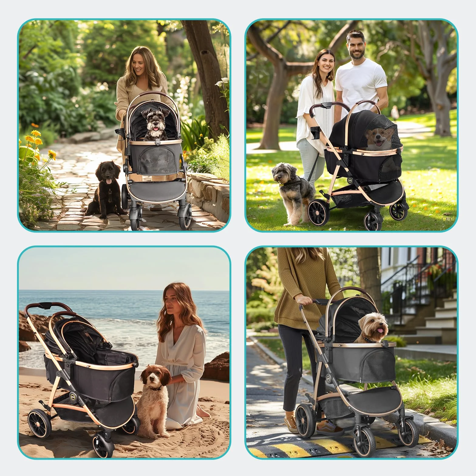 Passeggino per Cani 4 in 1 fino 25 Kg,Telaio in alluminio anodizzato 100% pieghevole,ruote gomma schiumosa 360°,Staccabili,adatto per cani e gatti di medie e piccole taglie, Marrone
