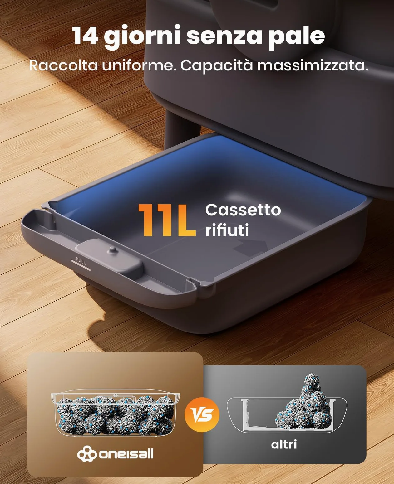 oneisall Lettiera Gatto Autopulentecon sistema EaseClean™, Lettiera Autopulente per Gatti XXL per gatti grandi, griglia in acciaio inox, modalità automatica e manuale, incl. Tappetino e 40 Sacchetti
